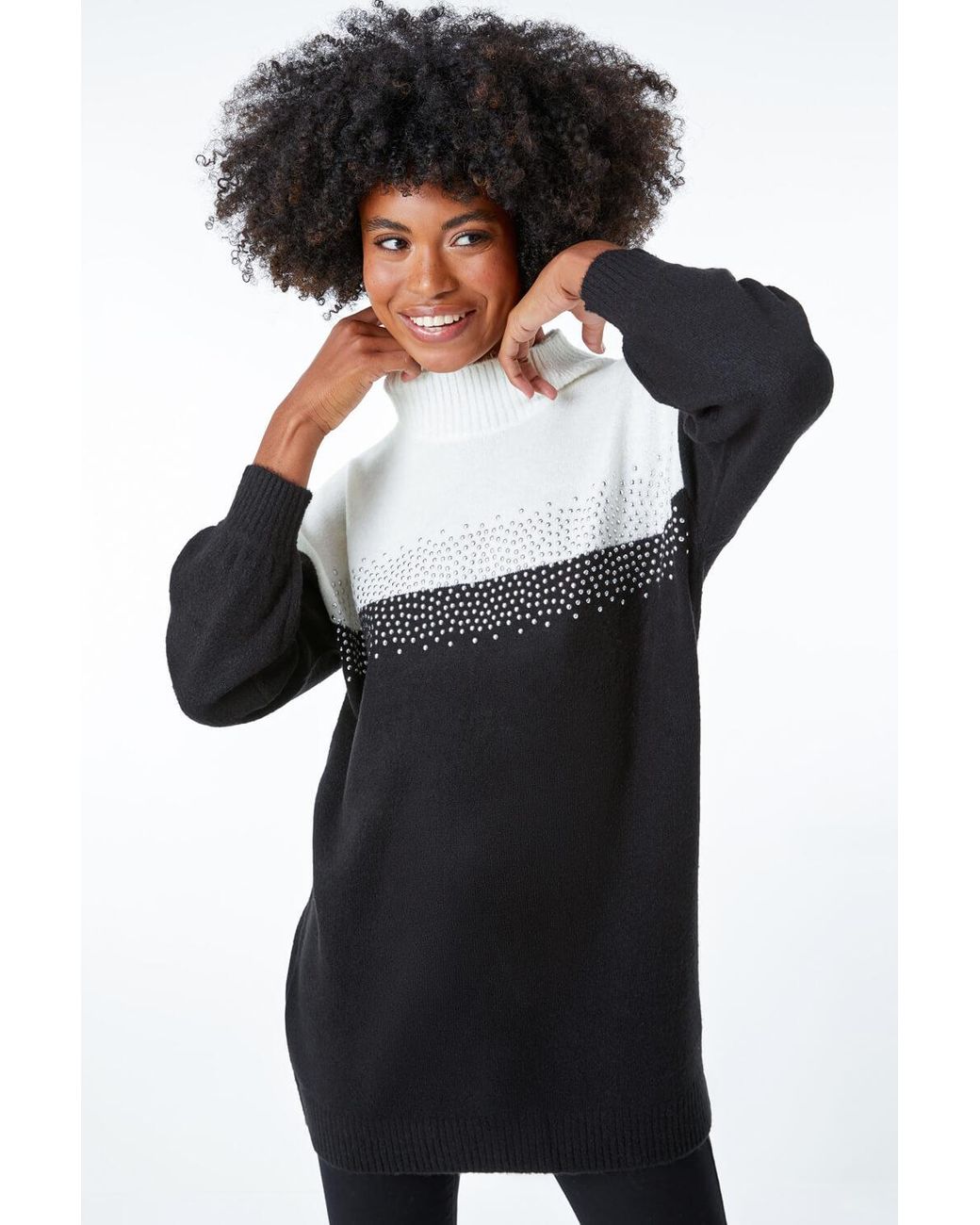 Roman White Colourblock Embellished Longline Jumper