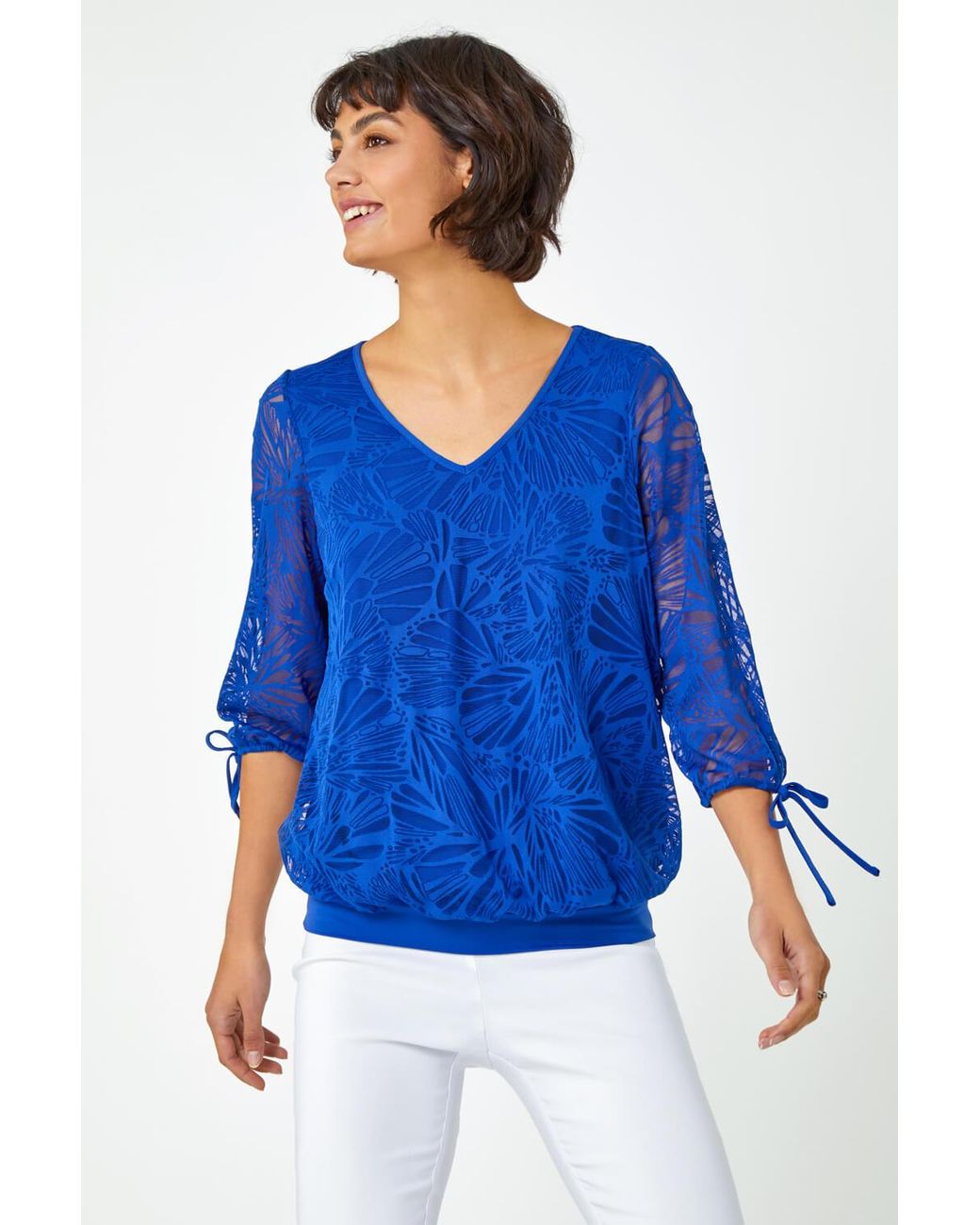 Roman Blue Burnout Tie Sleeve Overlay Top