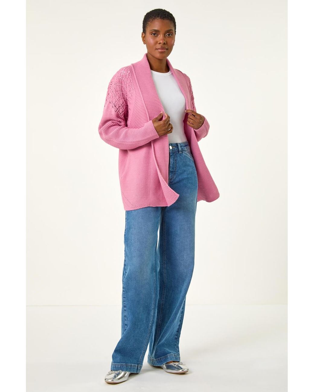 Roman Pink Pointelle Edge-to-Edge Cardigan