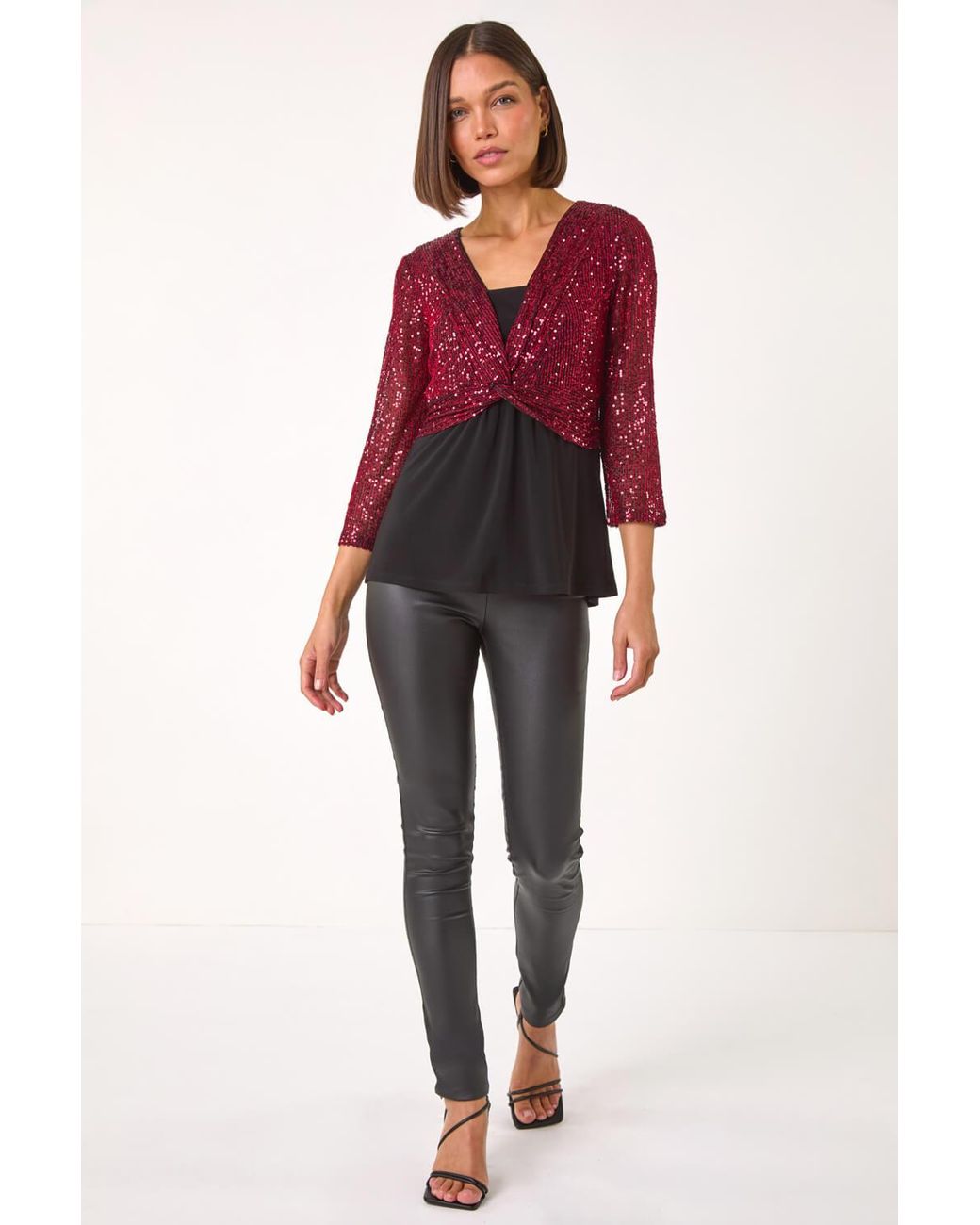 Roman Red Sequin Bodice V-Neck Stretch Top