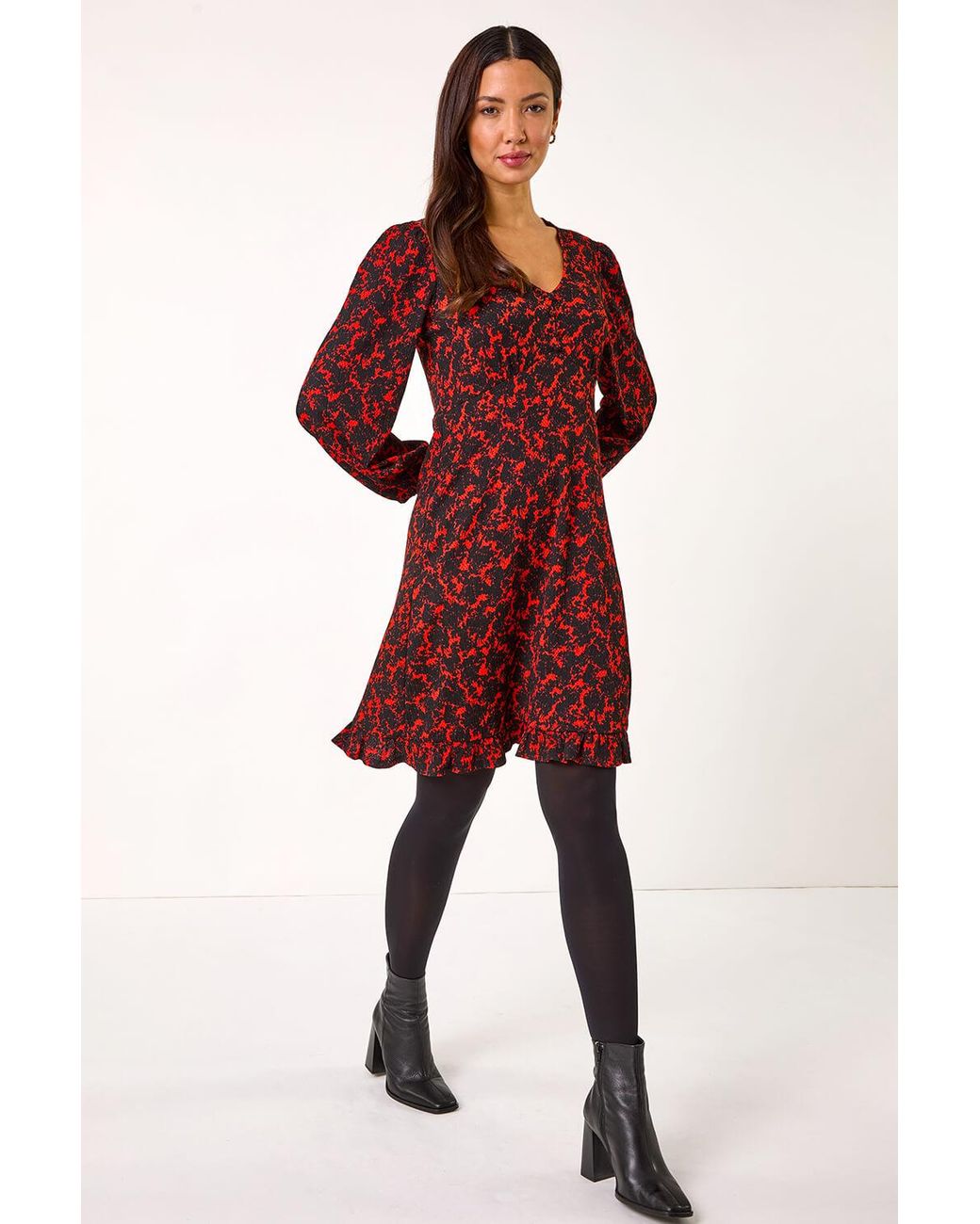 Roman Red Abstract Print V-Neck Short Dress