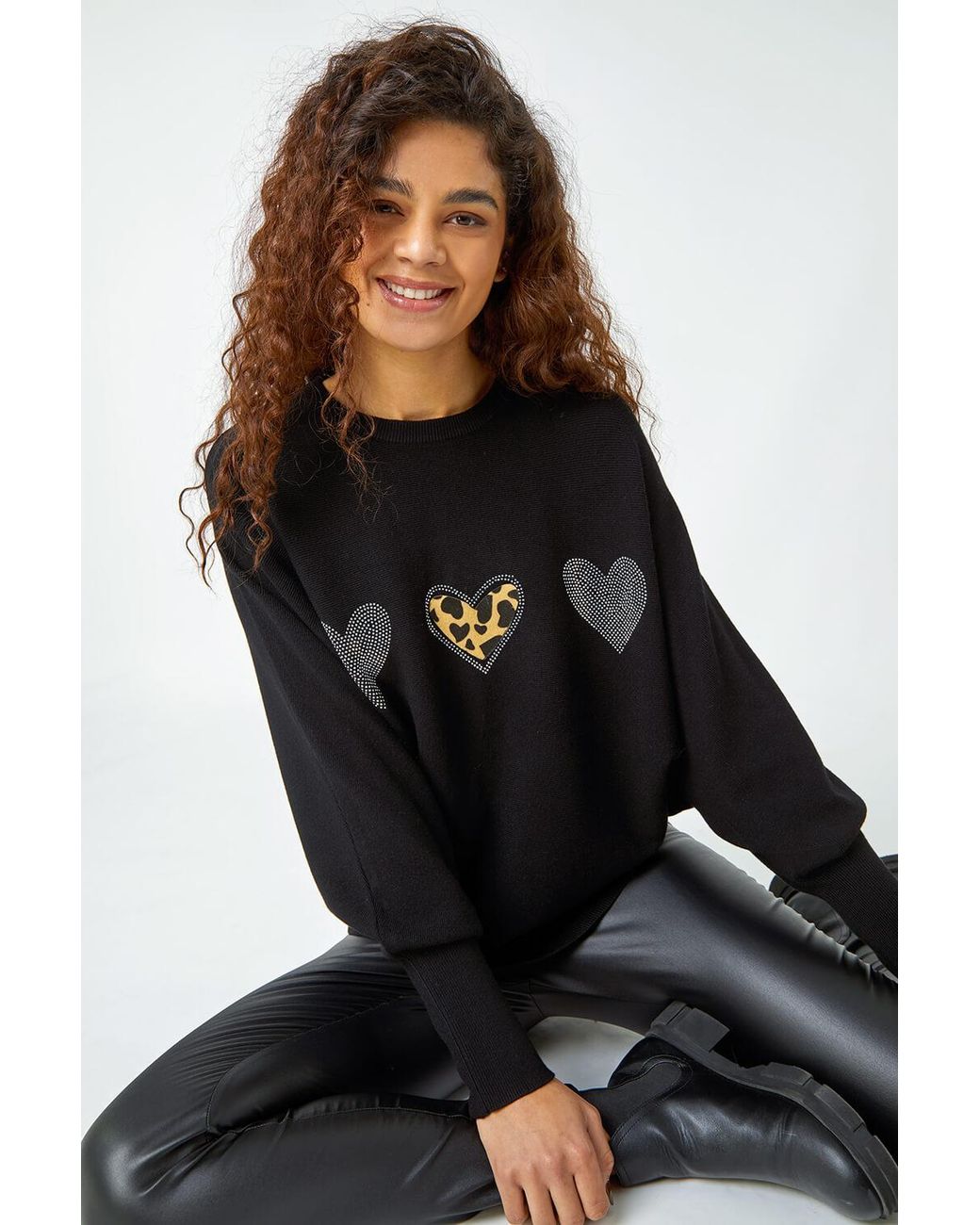 Roman Black Embellished Animal Print Heart Jumper