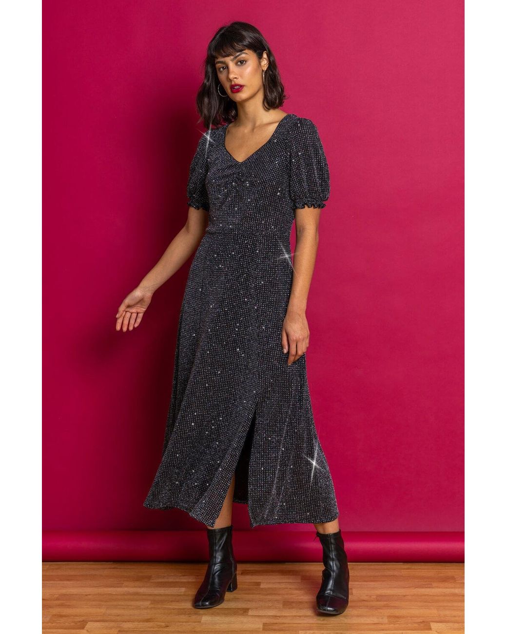 Roman Multicolor Shimmer Sweetheart Neck Midi Dress