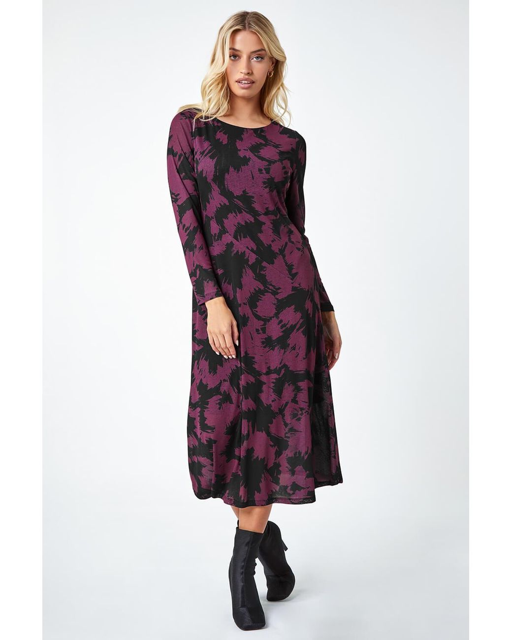 D.u.s.k Red Abstract Print Mesh Midi Stretch Dress