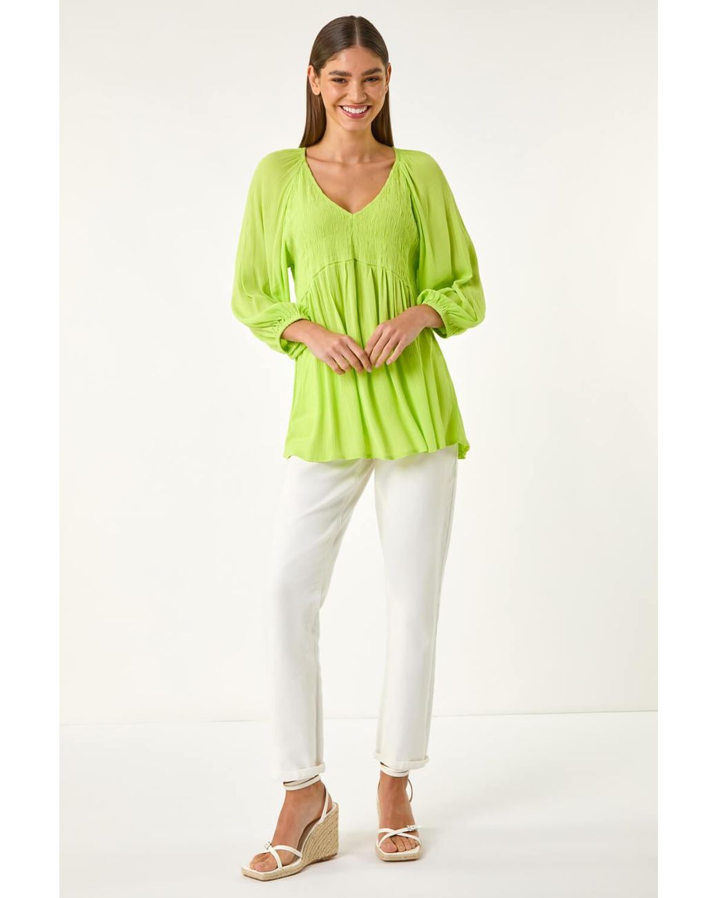 Roman Green Shirred V-Neck Top