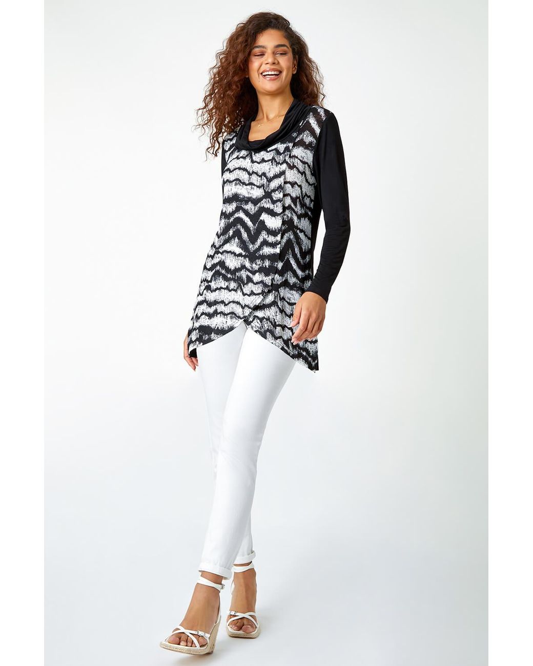 Roman Black Abstract Print Cowl Neck Stretch Top