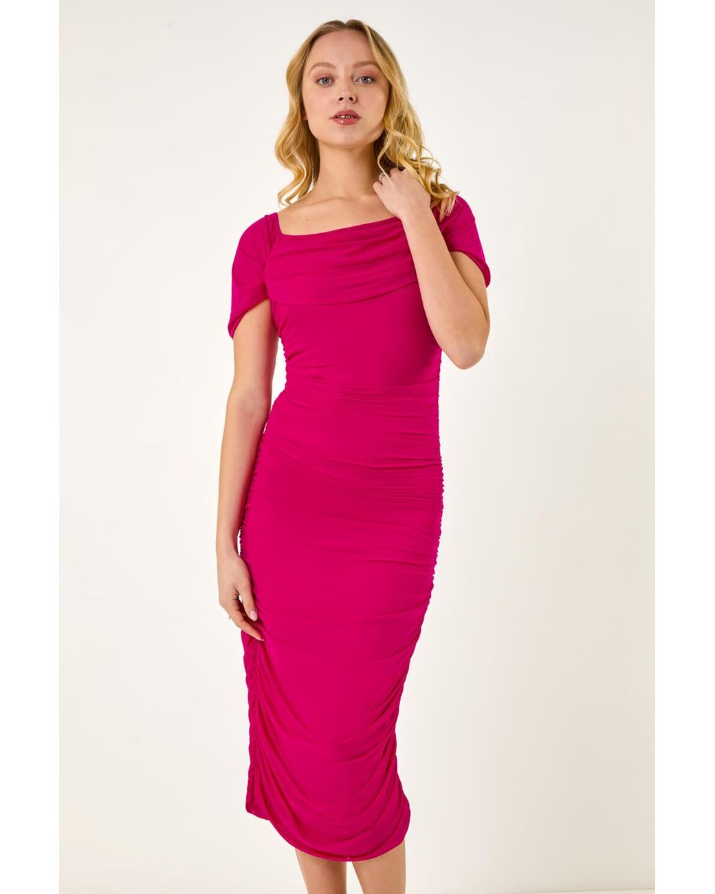 D.u.s.k Pink Ruched Mesh Stretch Dress