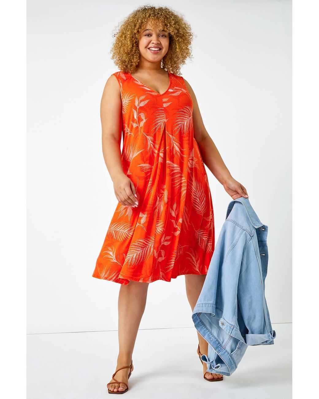 Roman Curve Red Sleeveless Tropical Swing Dress