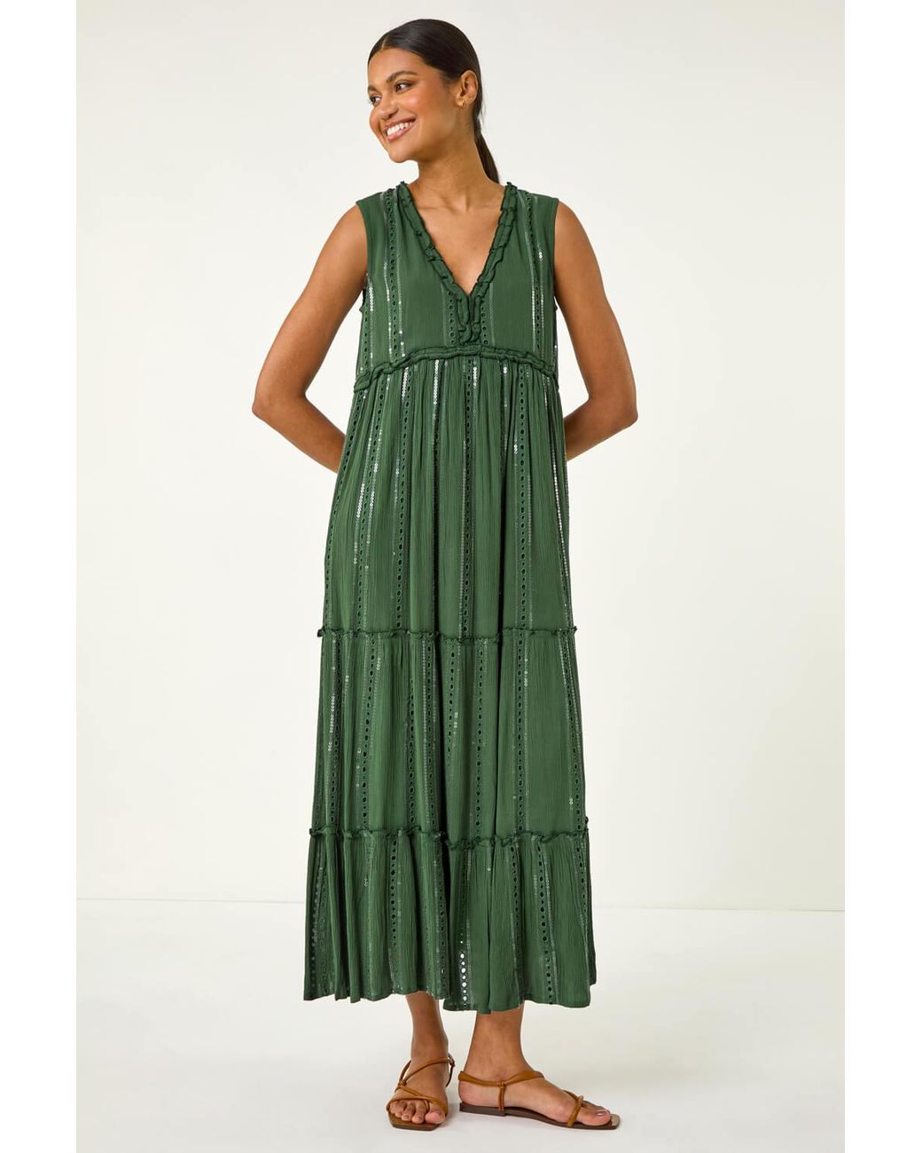 Roman Green Sequin Tiered Maxi Dress