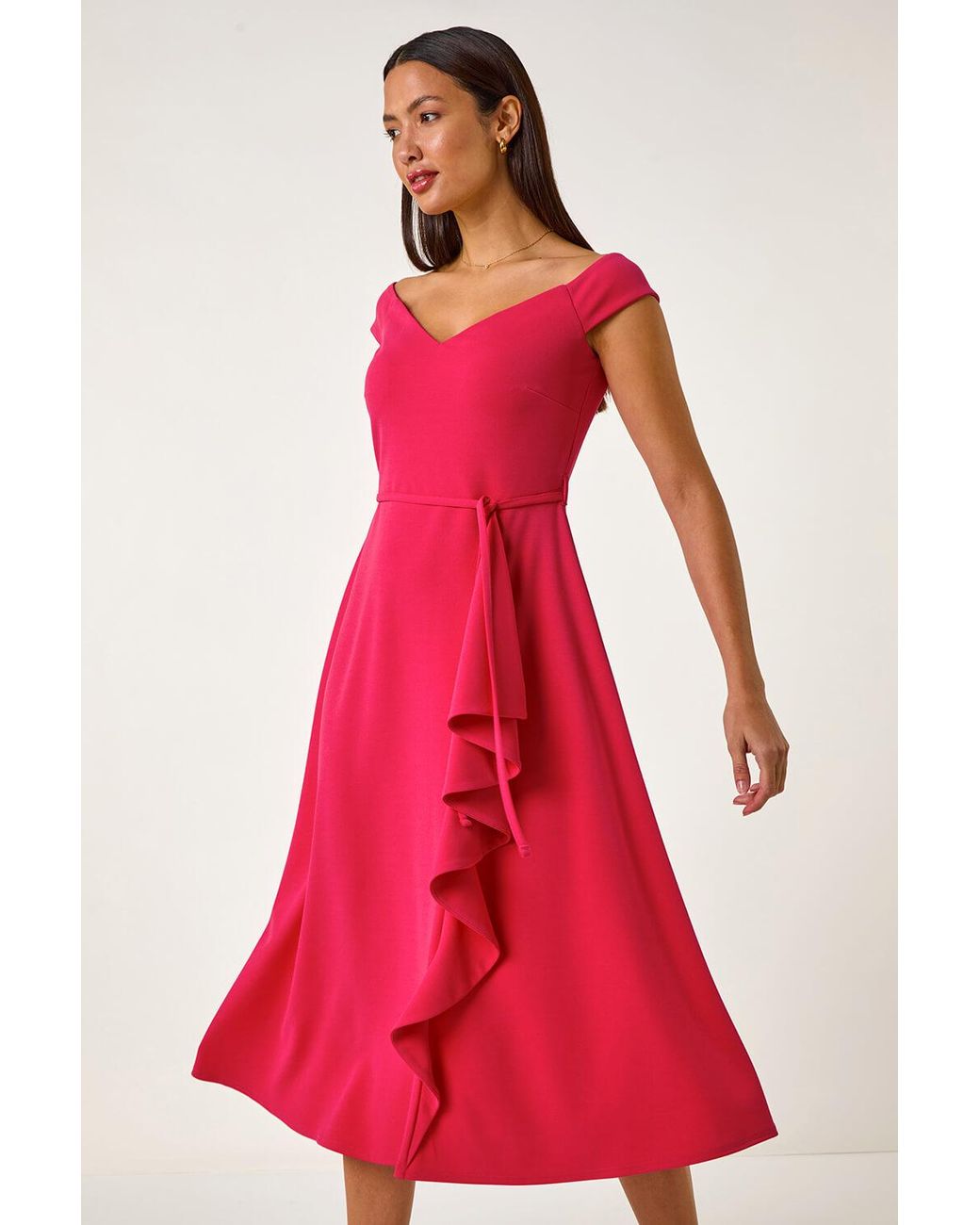 Roman Red Bardot Ruffle Wrap Dress