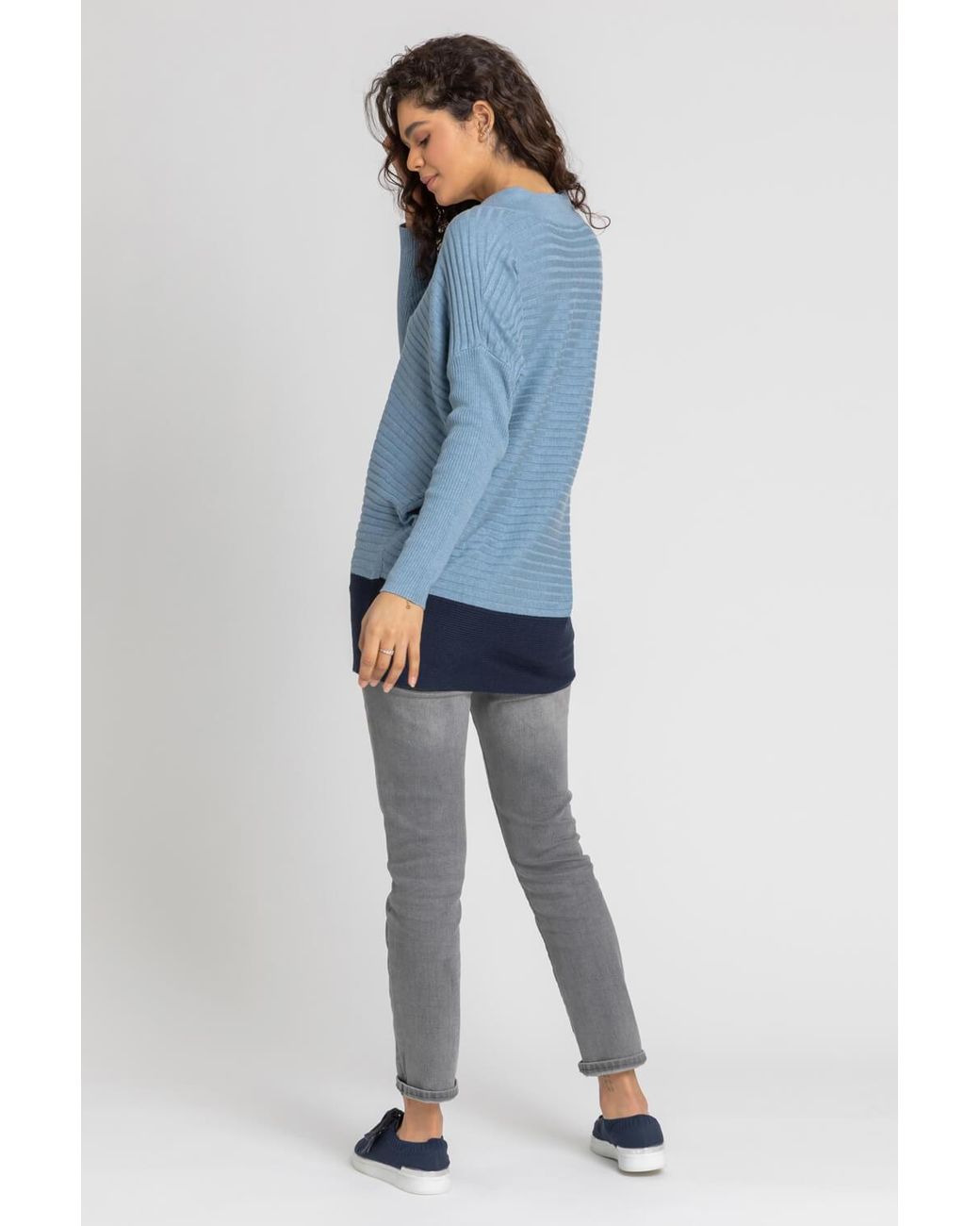 Roman Blue Colour Block V-Neck Longline Jumper