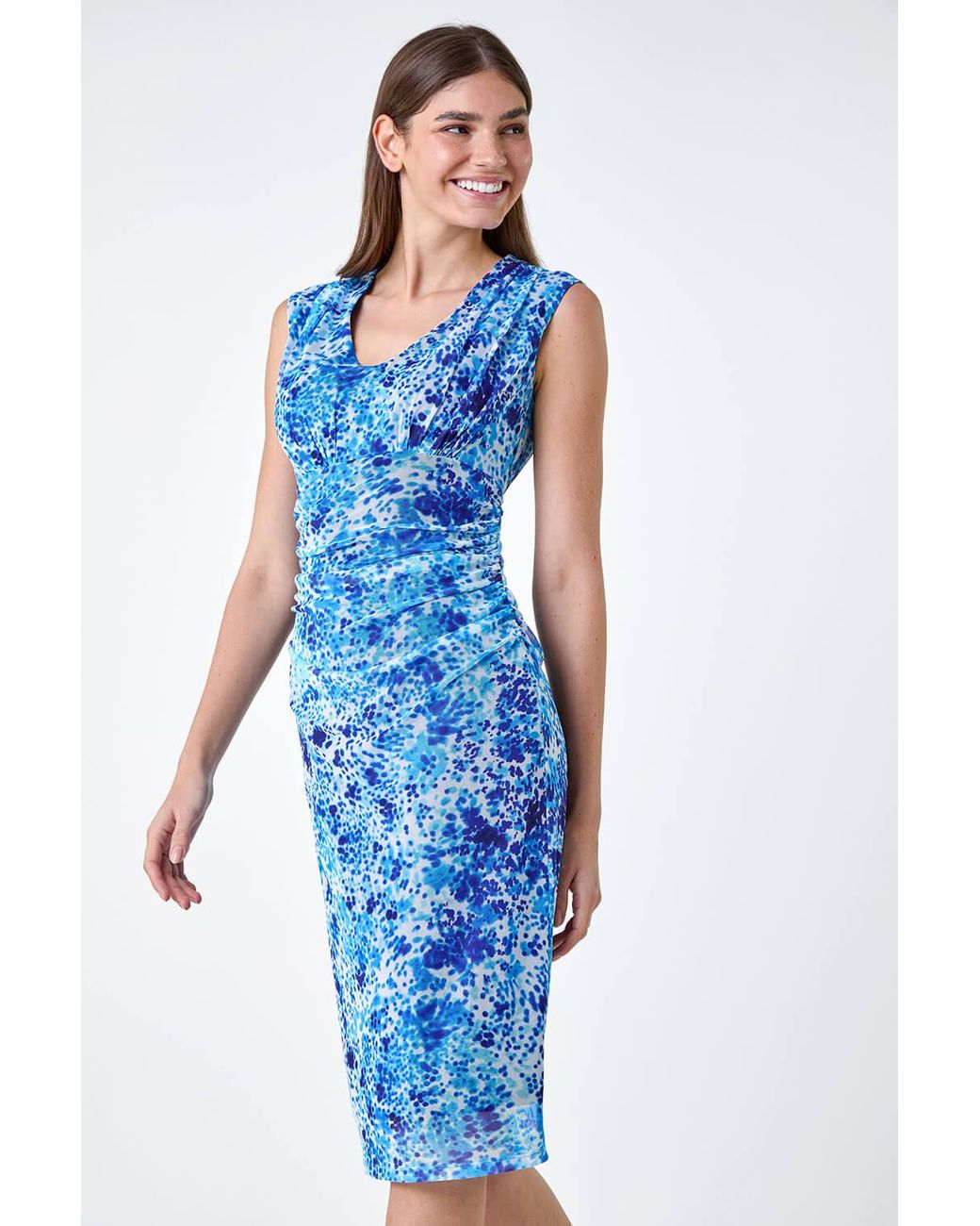 Roman Blue Abstract Spot Ruched Mesh Stretch Dress