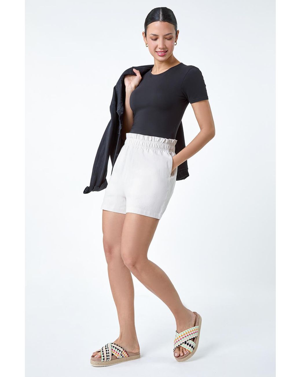 Roman Blue Linen Blend Elastic Waist Pocket Shorts