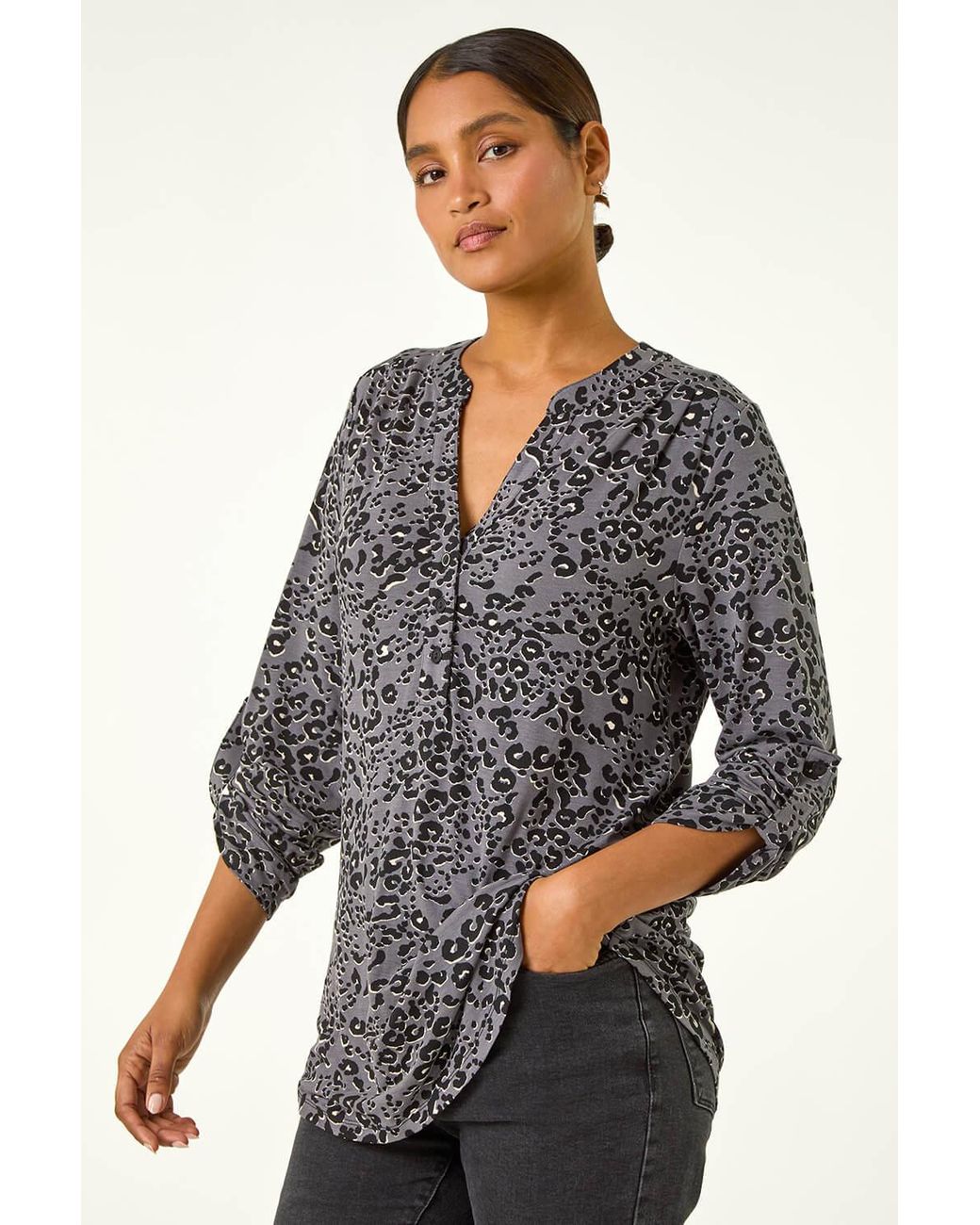 Roman Gray Animal Print Stretch Blouse