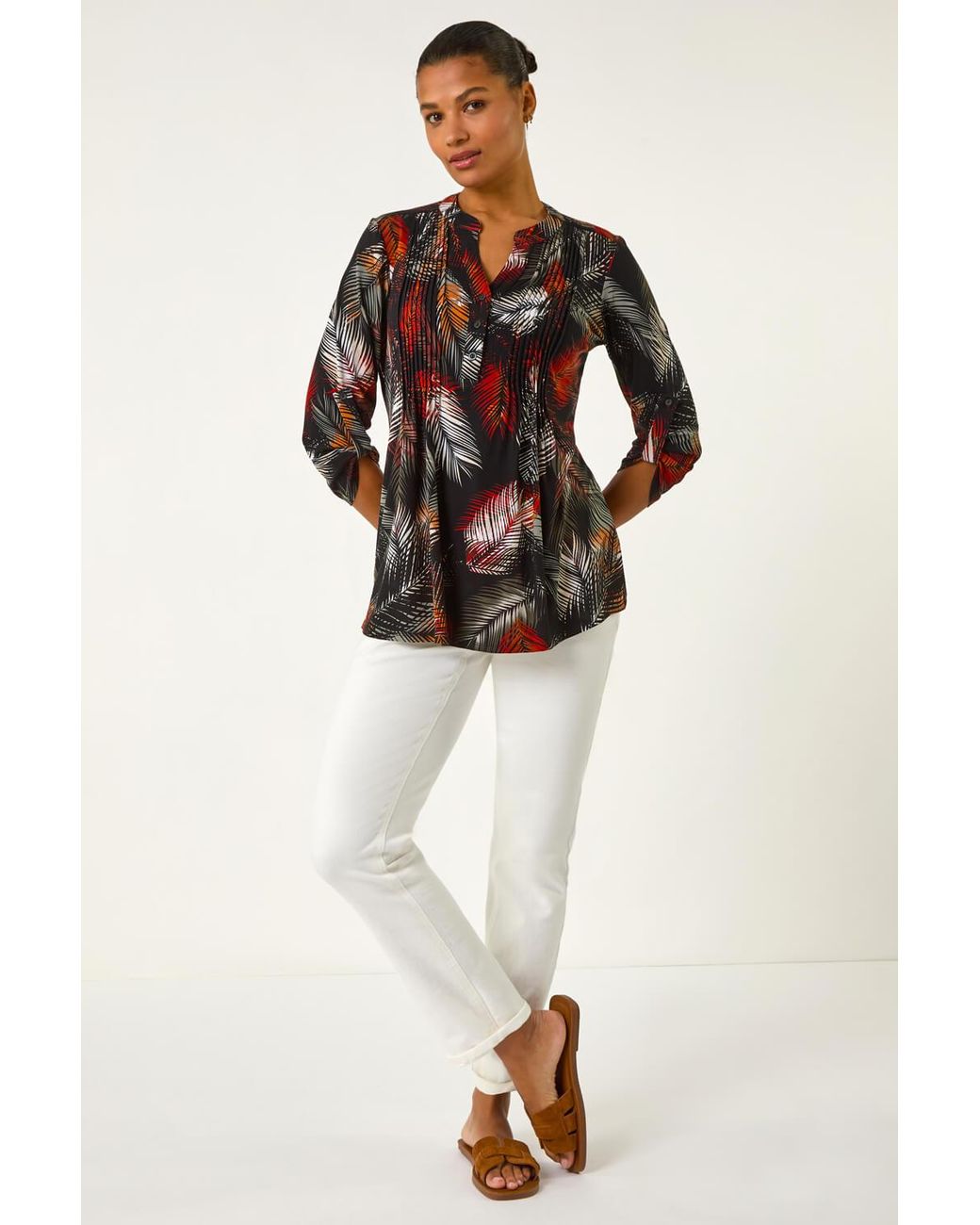 Roman Black Palm Print Pintuck Stretch Shirt