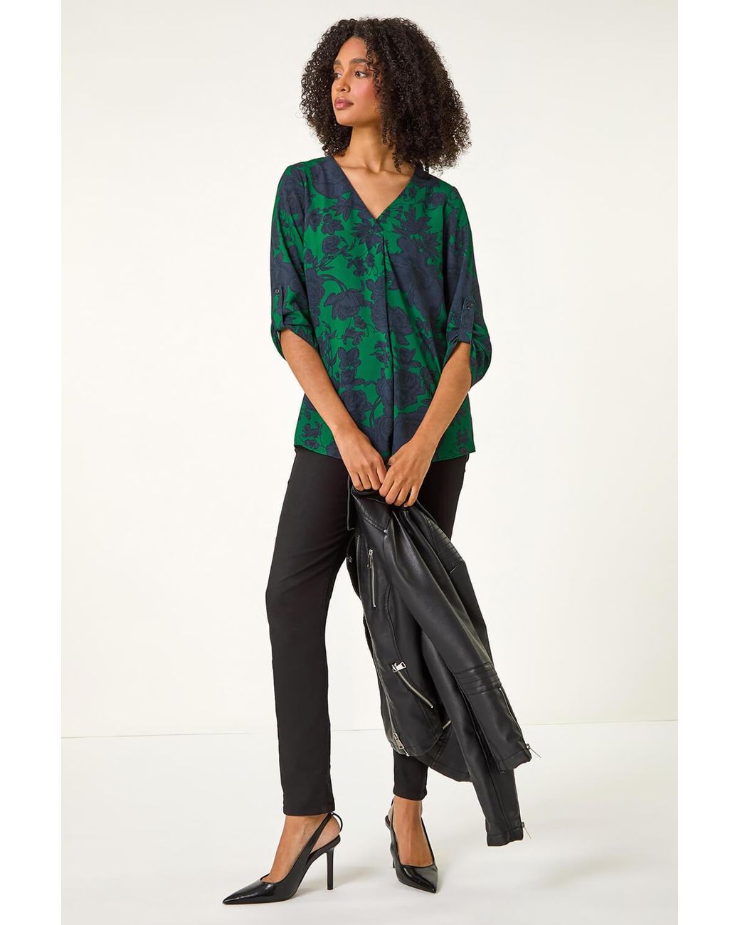 Roman Green Floral Front Pleat Top