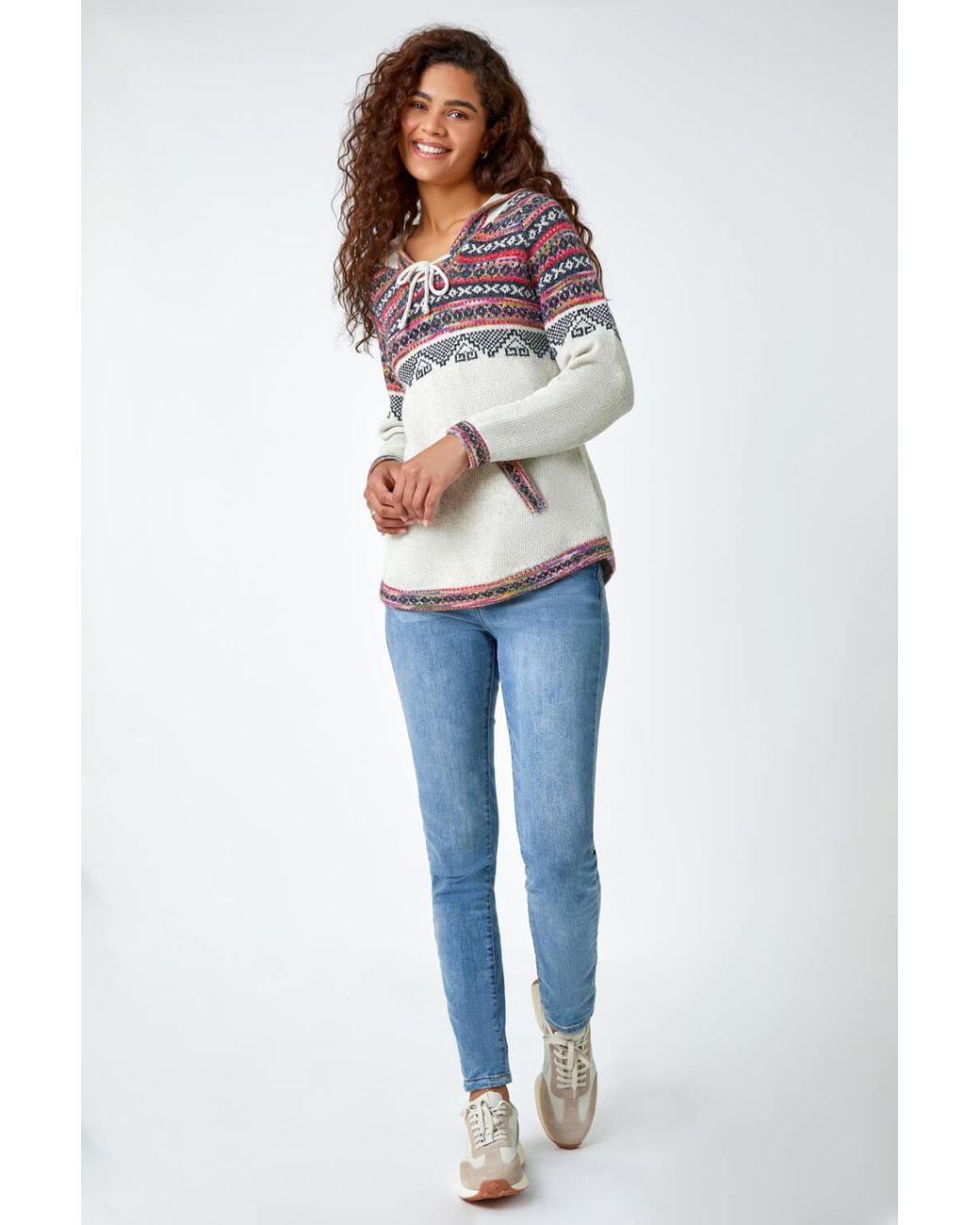 Roman White Nordic Print Knitted Hooded V-Neck Jumper