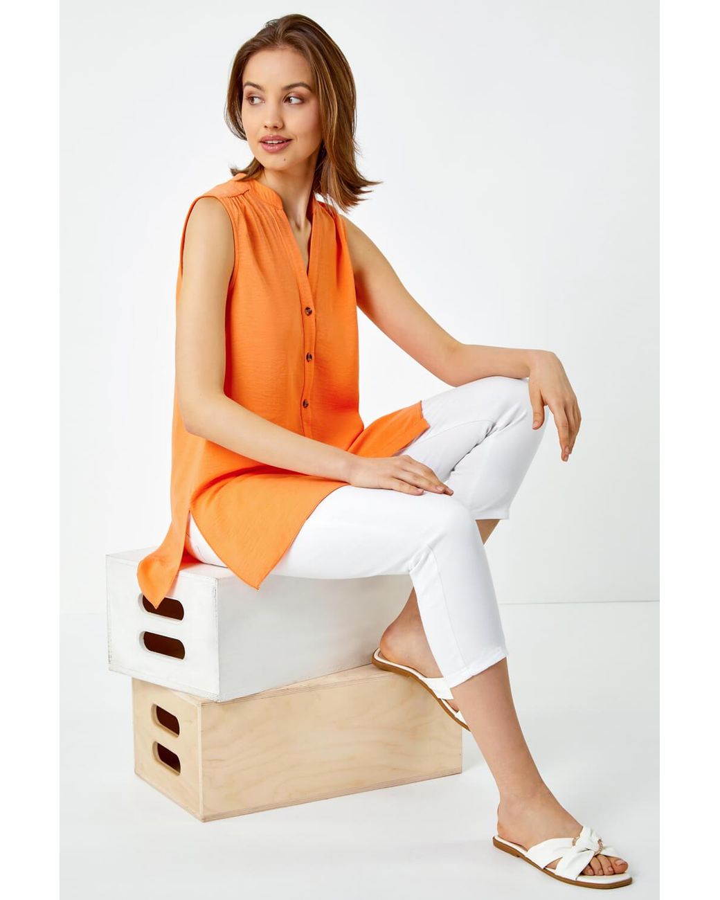 Roman Orange Sleeveless Button Through Blouse