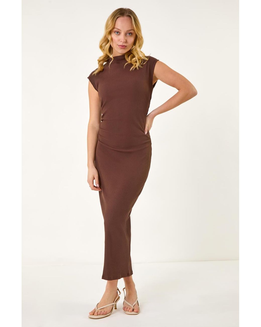 D.u.s.k Brown Ribbed Ruched Waist Midi Dress
