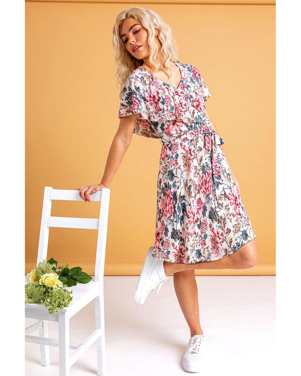 D.u.s.k White Floral Frill Sleeve Belted Wrap Dress