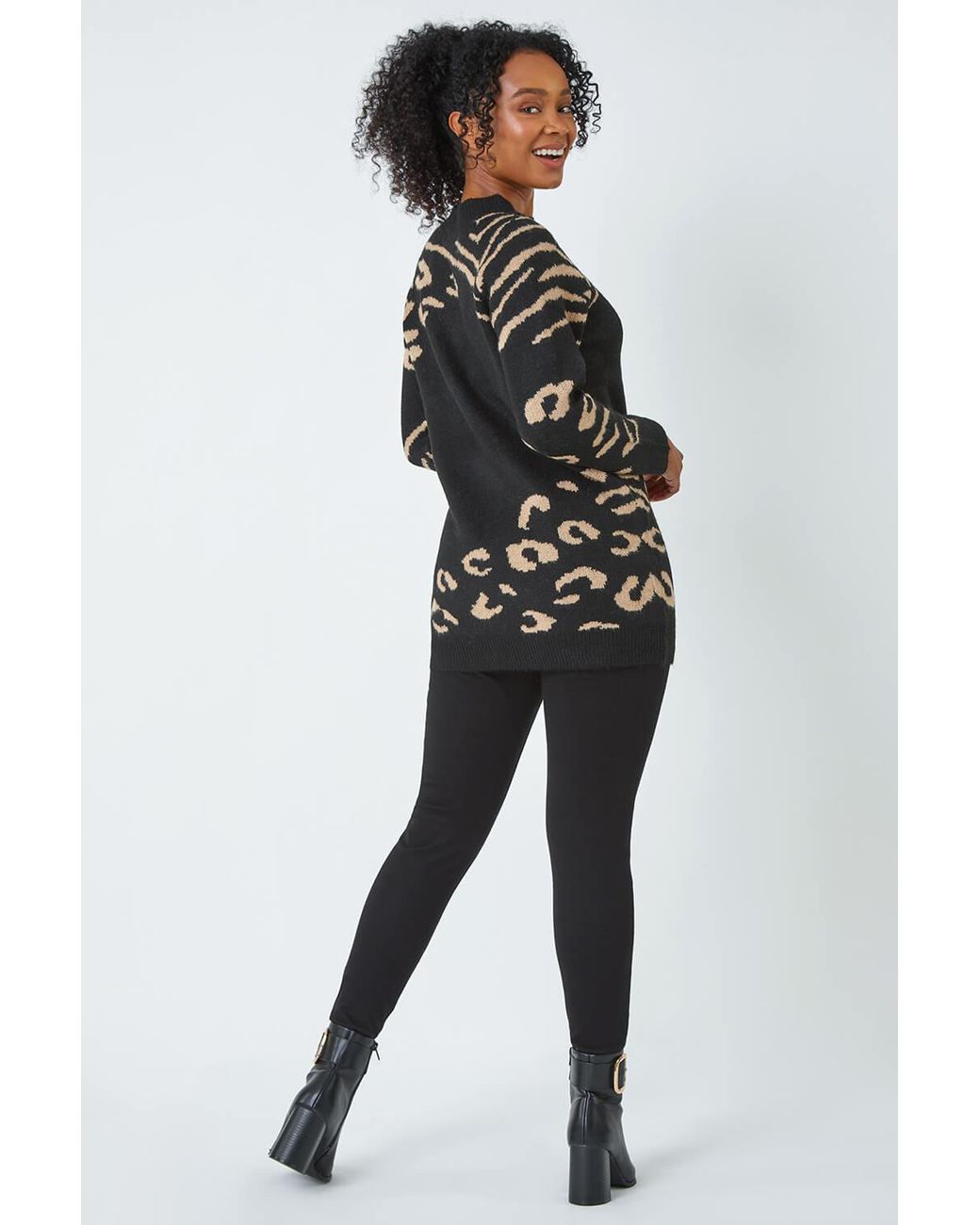 Roman Petite Black Animal Print Longline Jumper