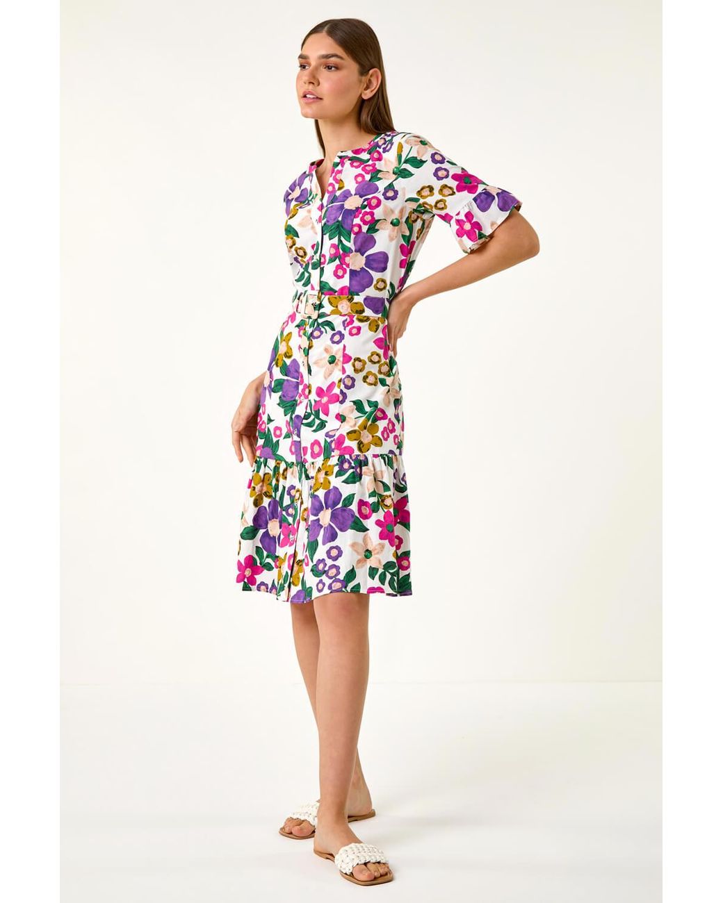 Roman Red Floral Frill Cotton Shirt Dress
