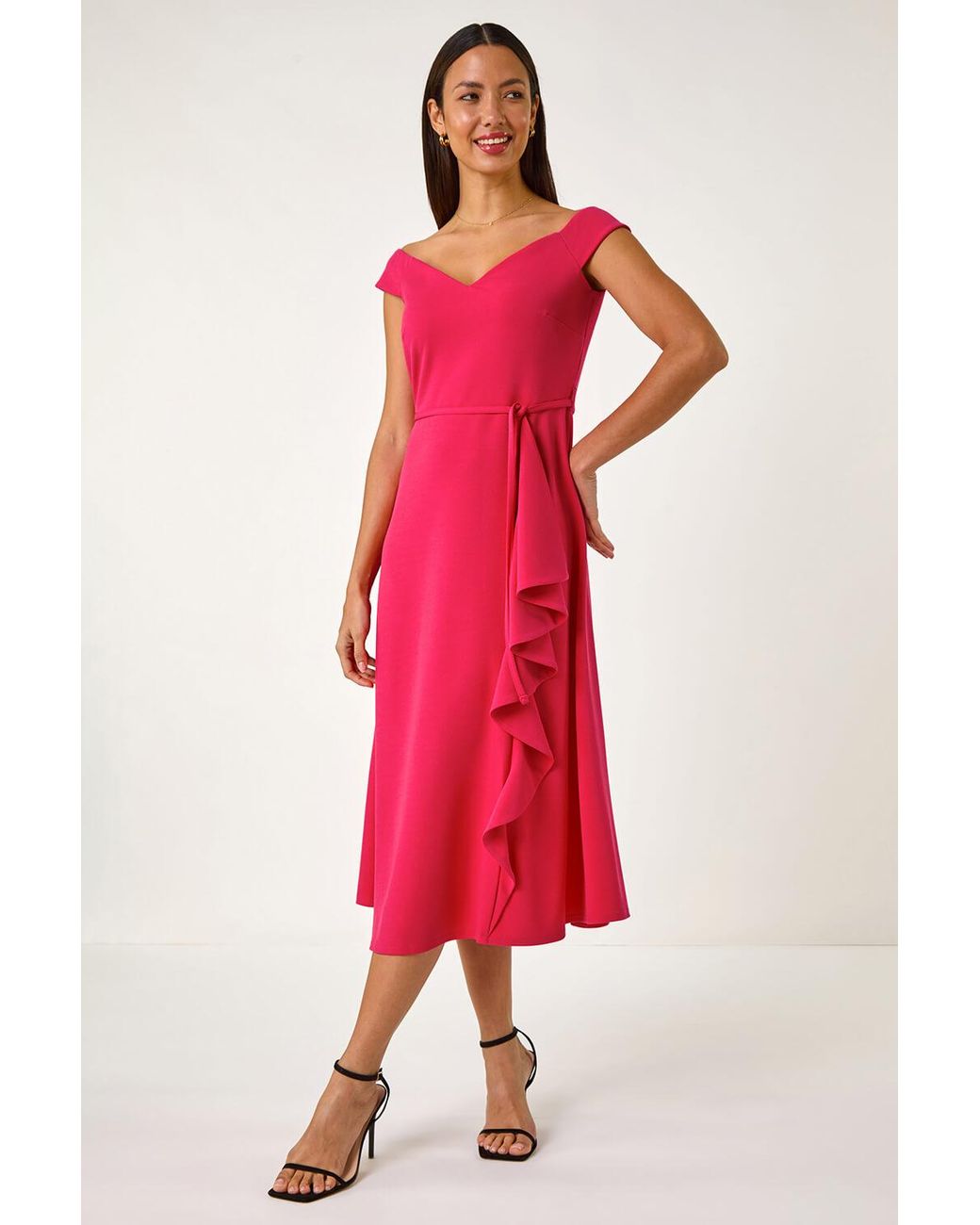 Roman Red Bardot Ruffle Wrap Dress