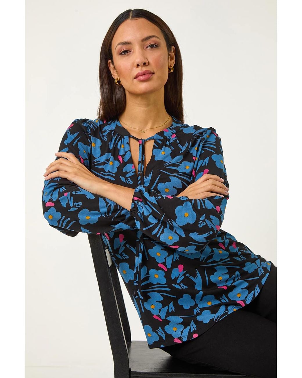 Roman Blue Print Tie Neck Stretch Top