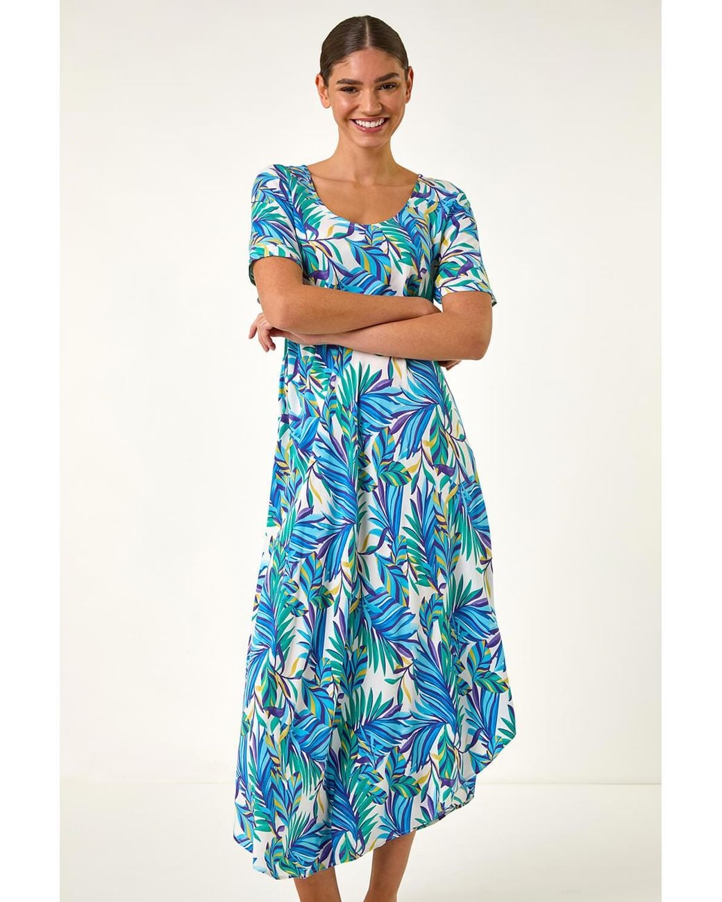 Roman Blue Leaf Curved Hem Midi T-Shirt Dress