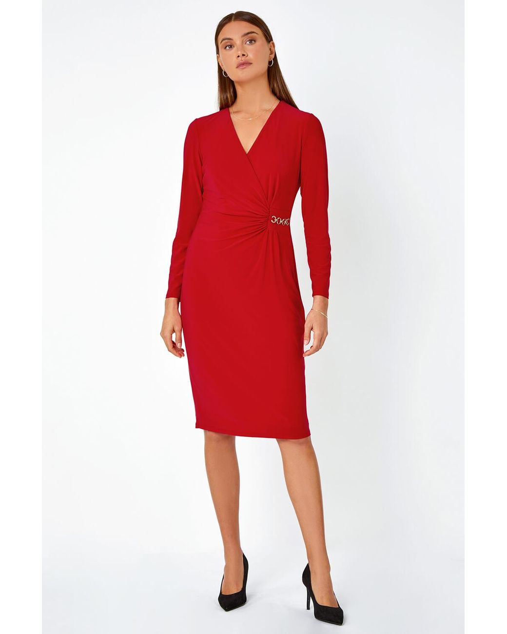 Roman Red Chain Detail Wrap Midi Stretch Dress