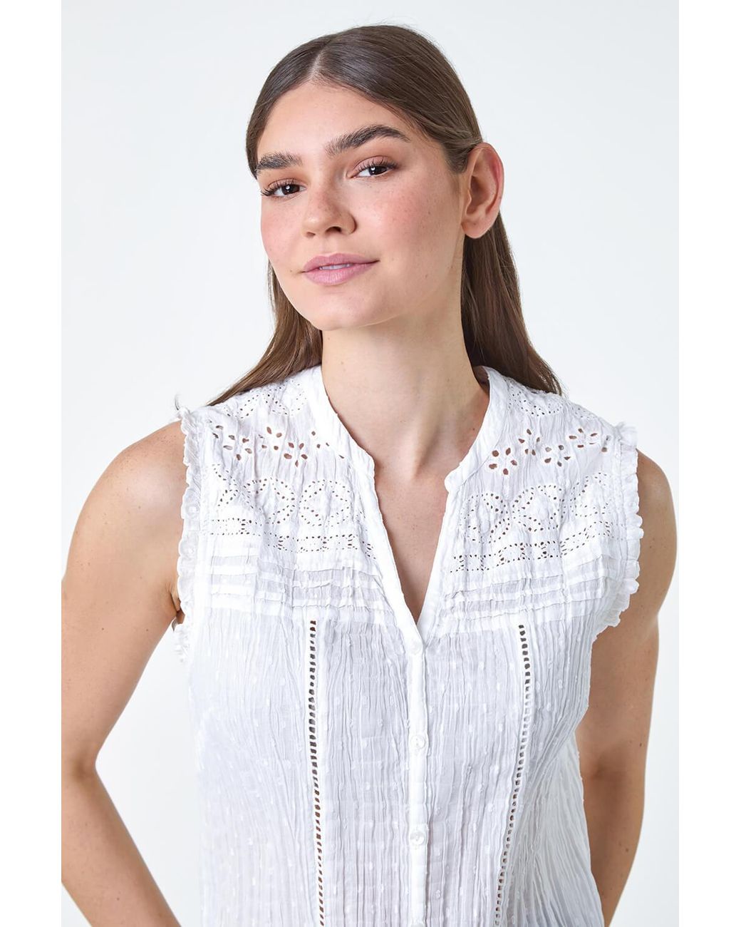 Roman White Broderie Crinkle V-Neck Cotton Top