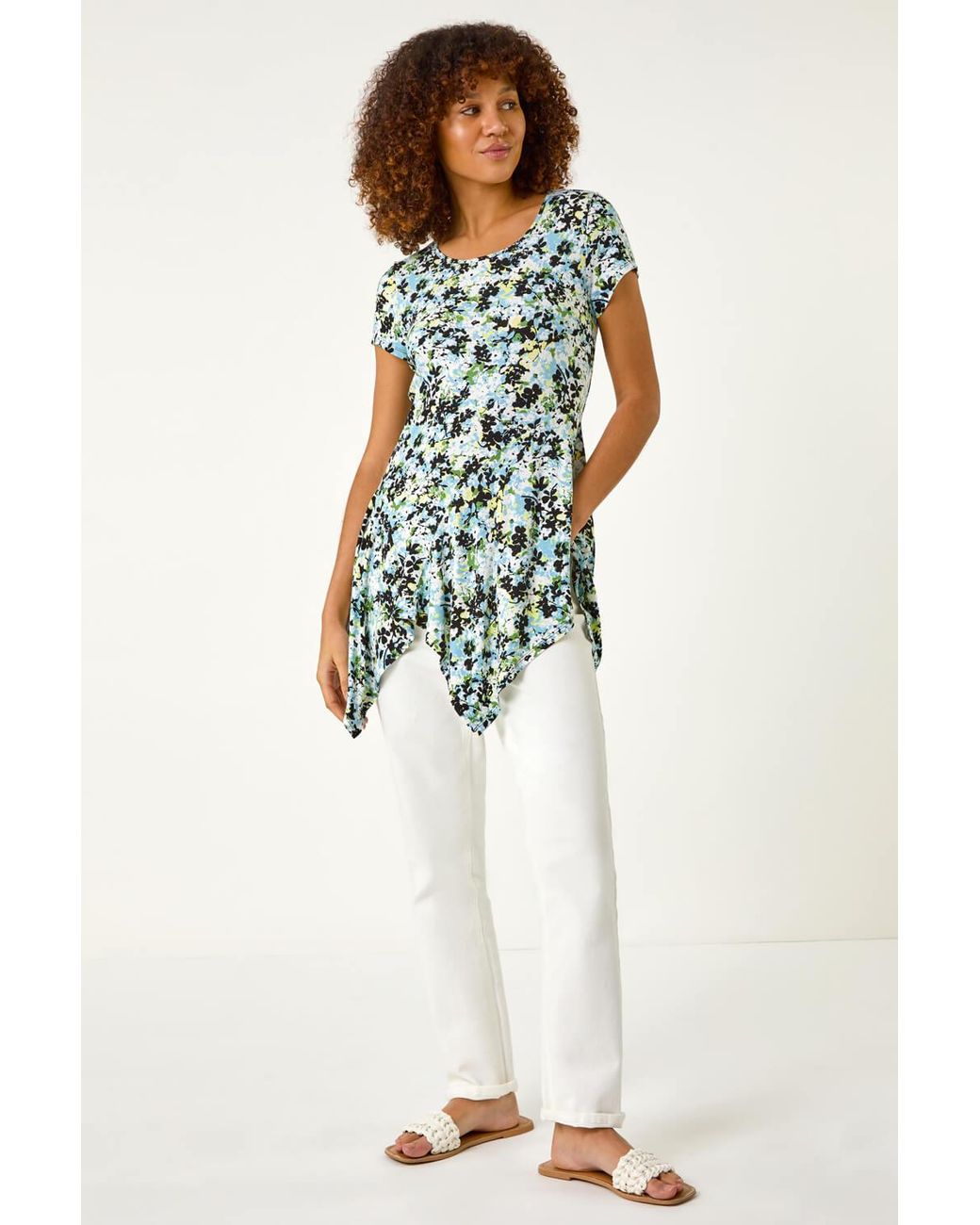 Roman Green Floral Print Hanky Hem Top