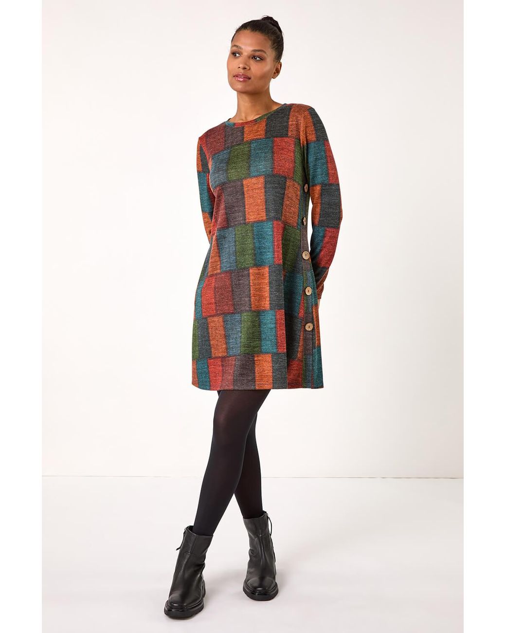 Roman Red Patchwork Pattern Button Detail Dress