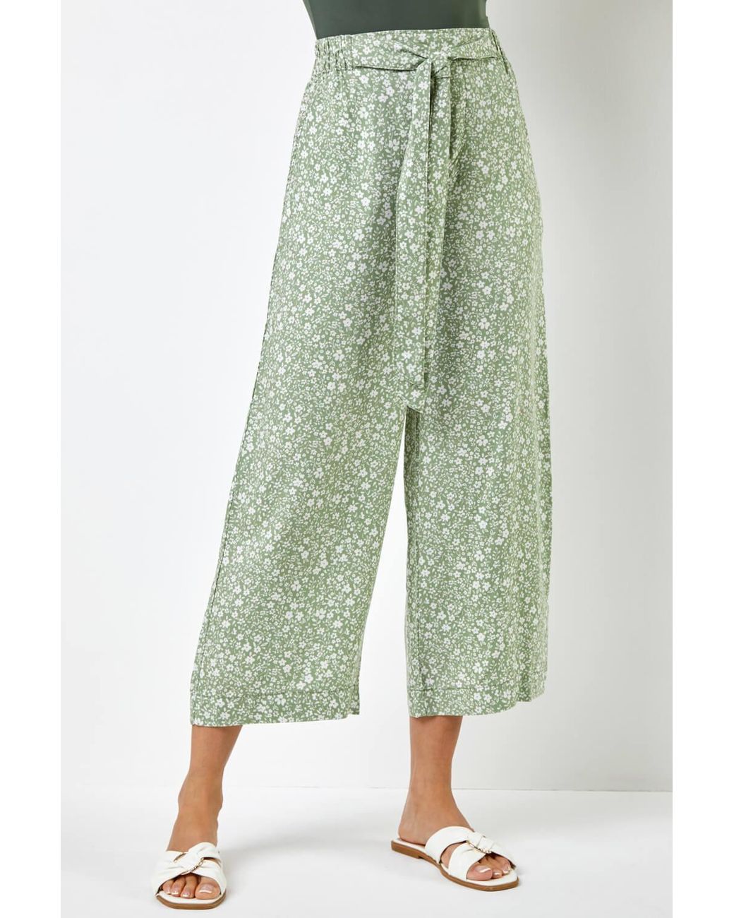 Roman Multicolor Ditsy Floral Elastic Tie Waist Cropped Culottes