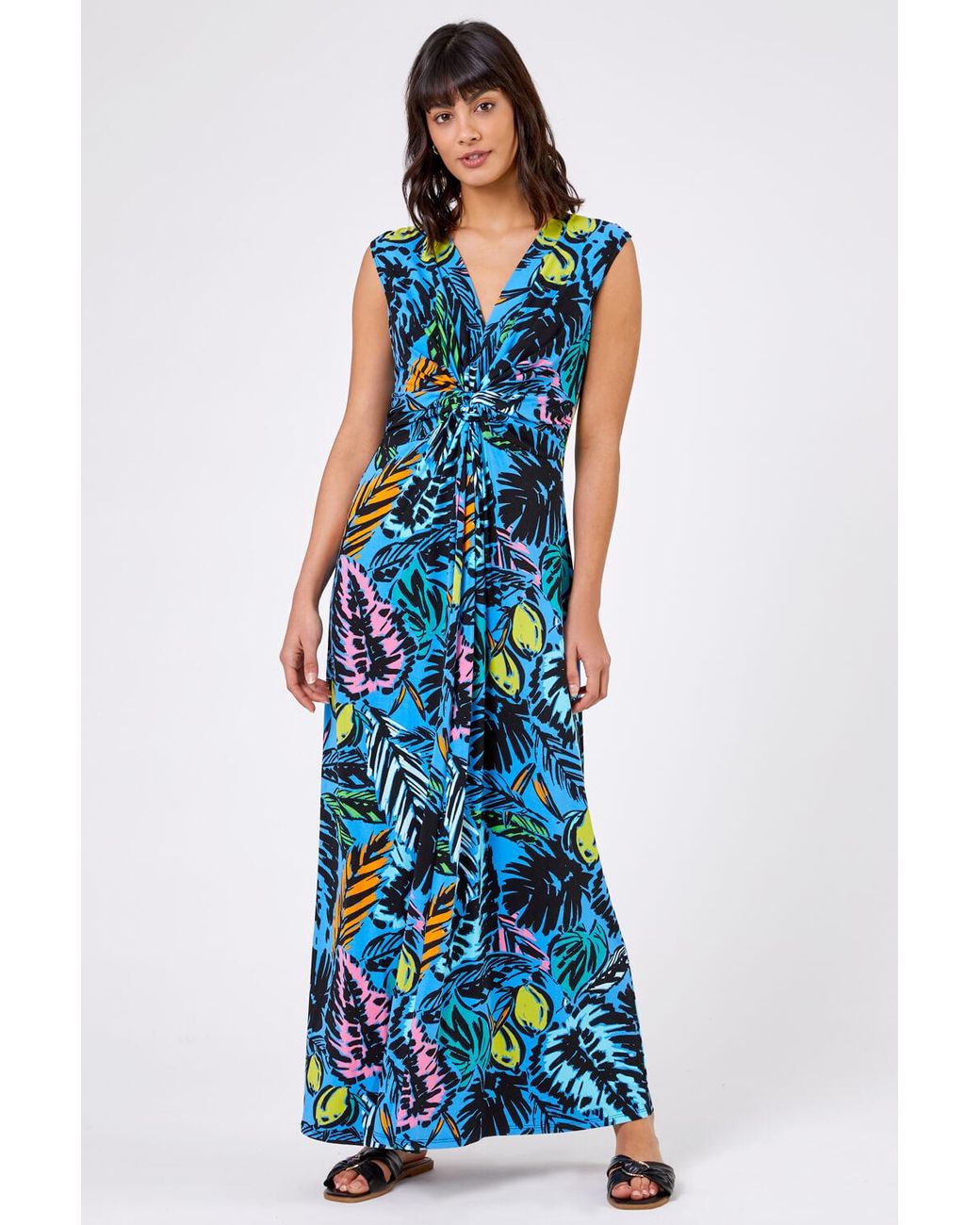 Roman Blue Palm Print Twist Waist Maxi Dress