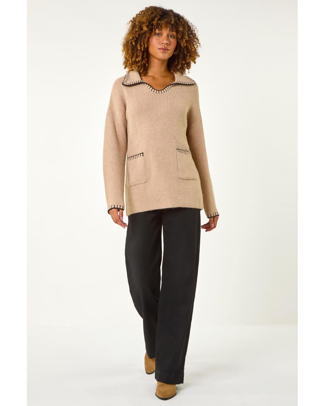 Roman Natural Blanket Stitch Collared Jumper