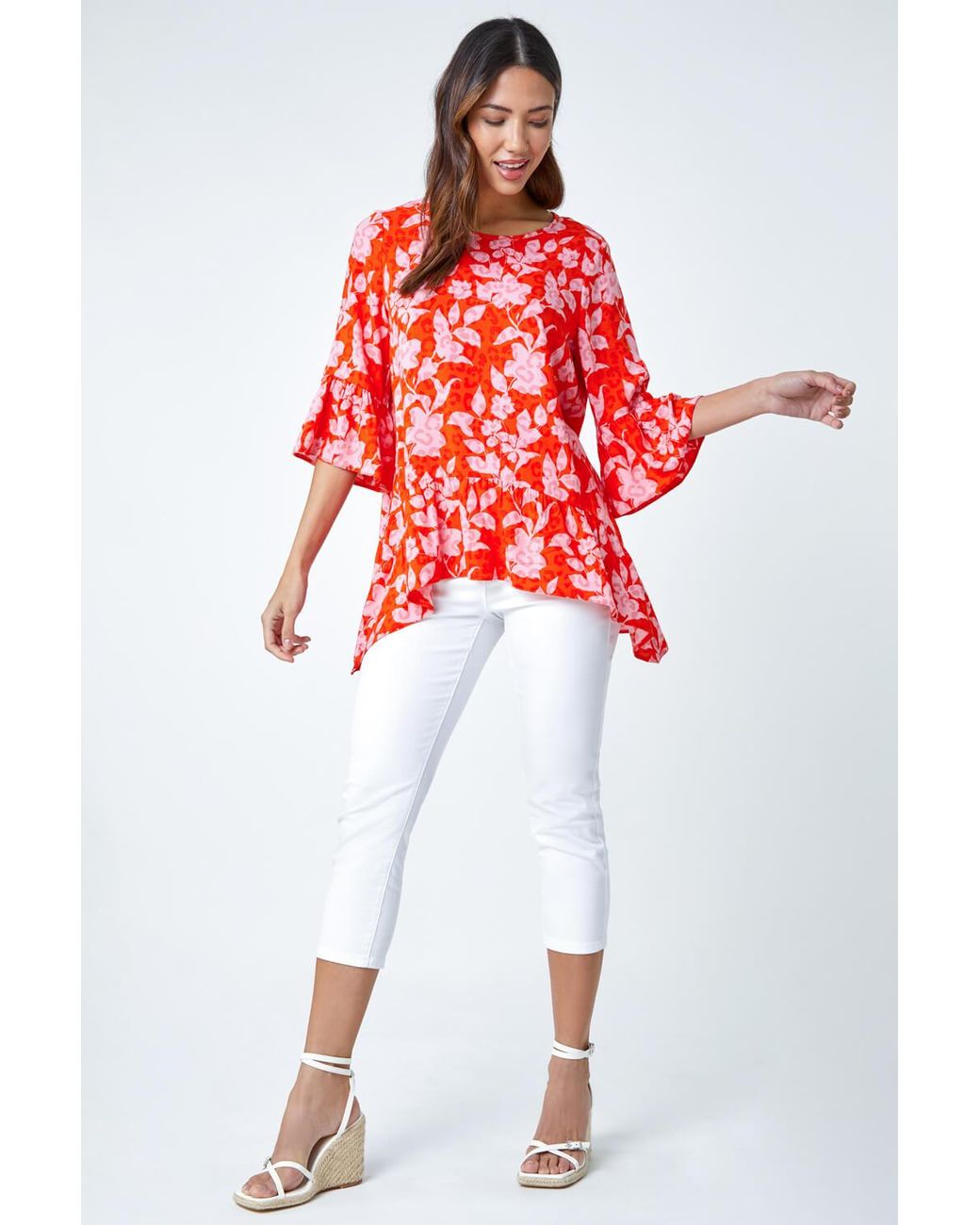 Roman Red Floral Print Frill Detail Peplum Top