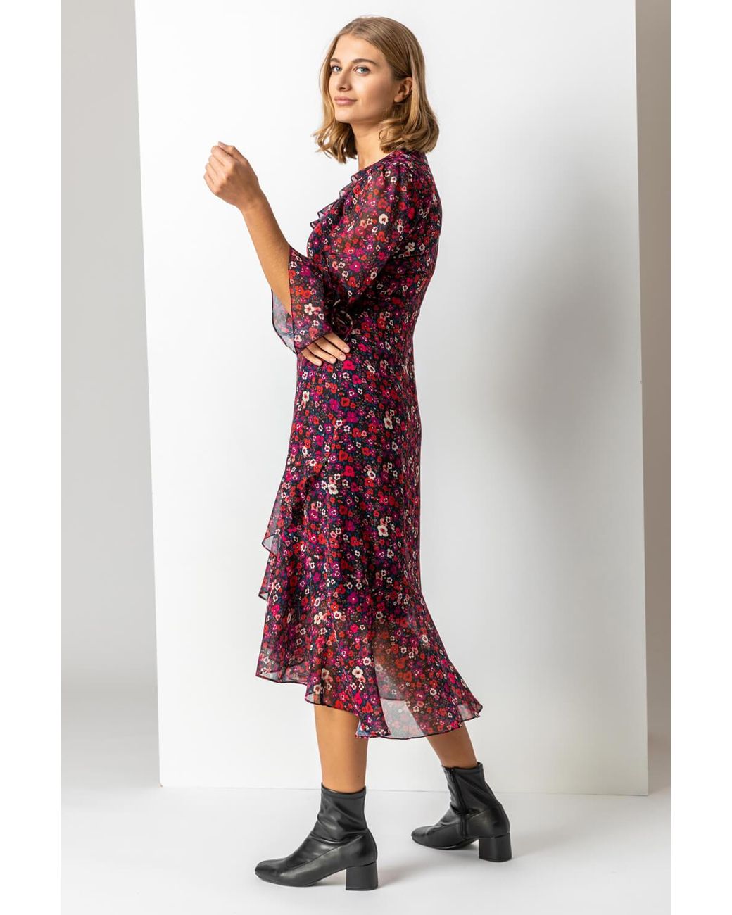 Roman Red Ditsy Floral Chiffon Frill Midi Dress