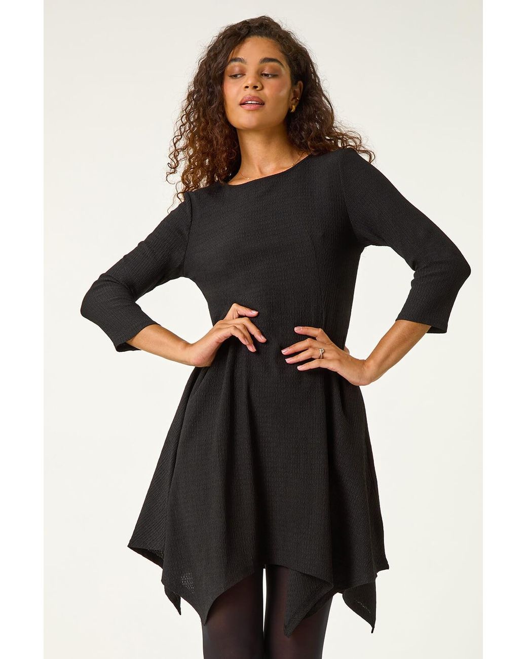 Roman Black Asymmetric Textured Pleat Stretch Dress