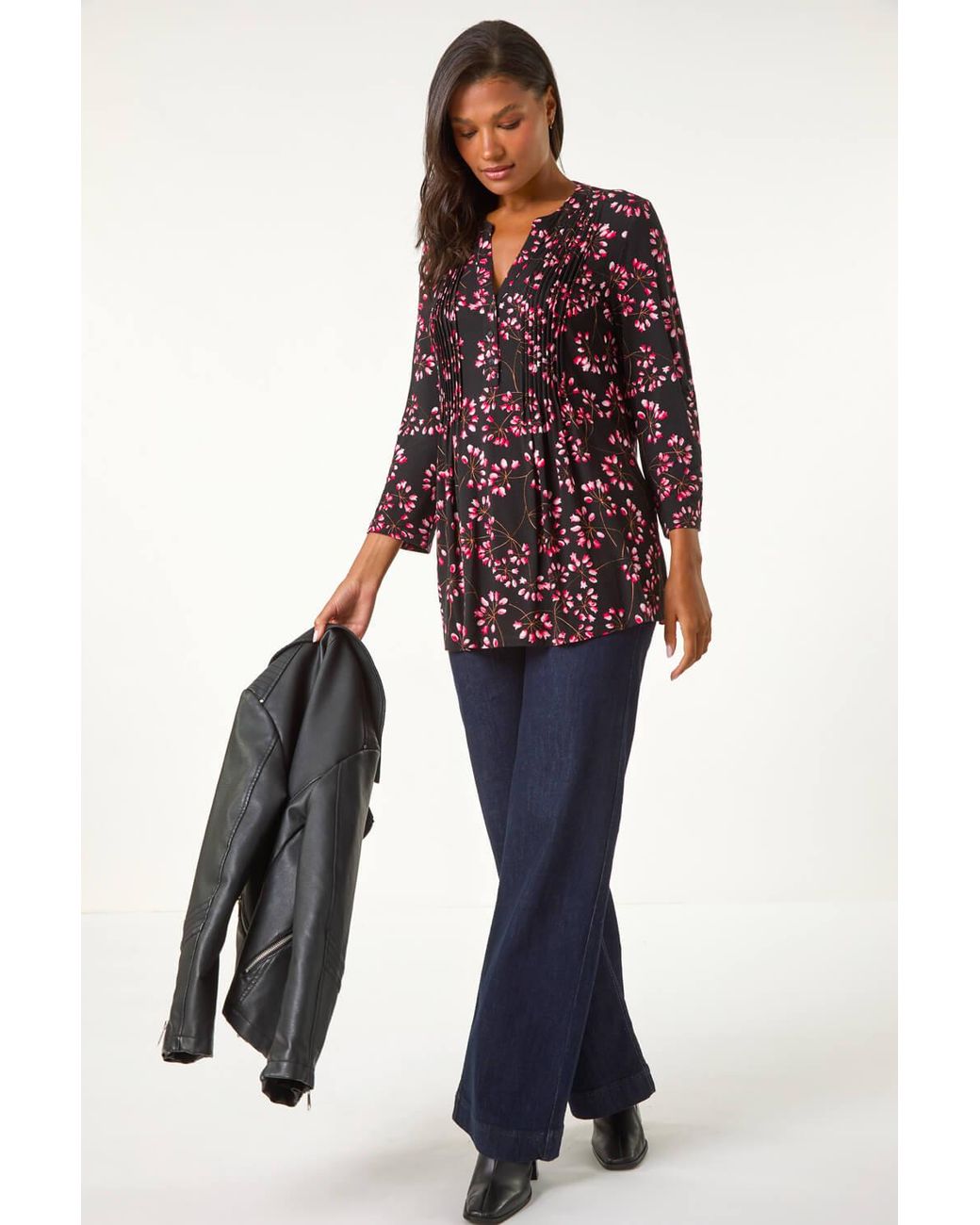 Roman Blue Floral Print Pintuck Shirt