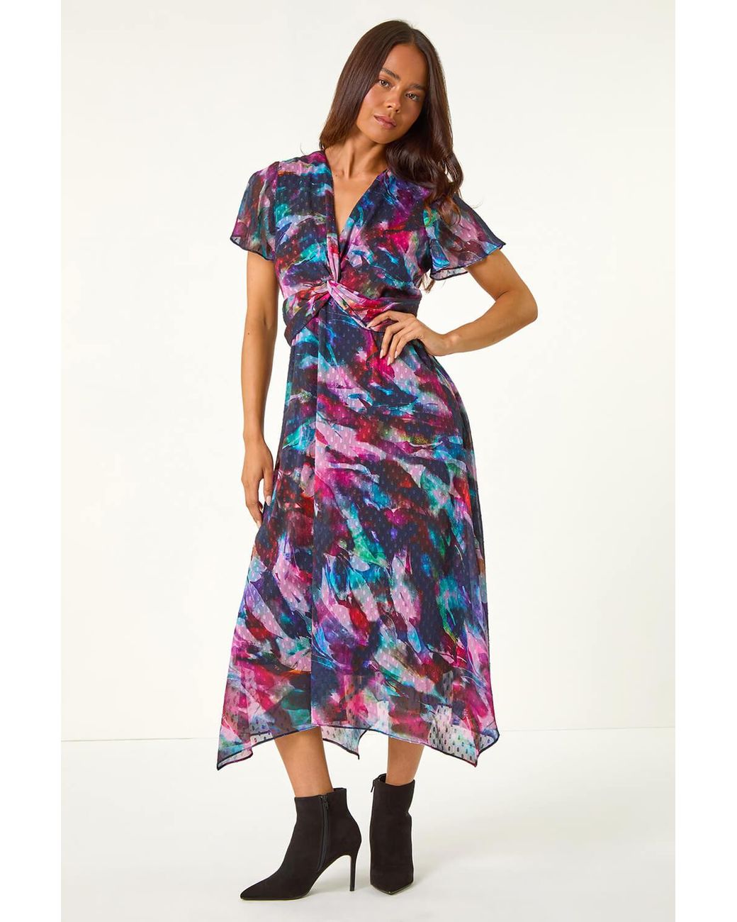 Roman Petite Blue Print Twist Front Dobby Midi Dress