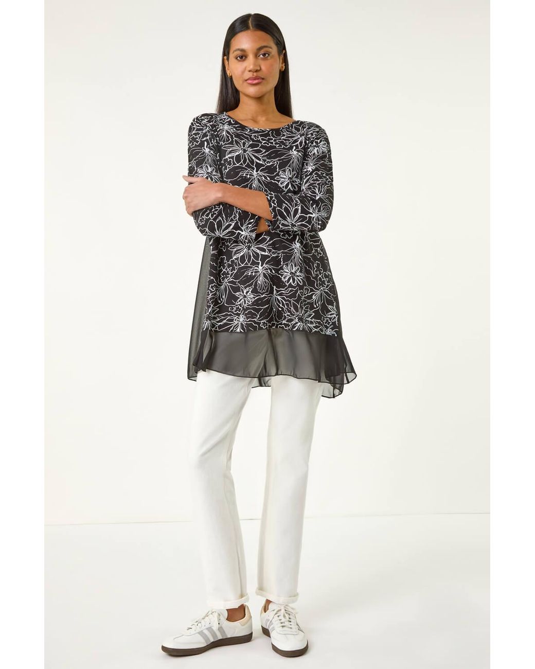 Roman Black Floral Print Mesh Hem Tunic Top