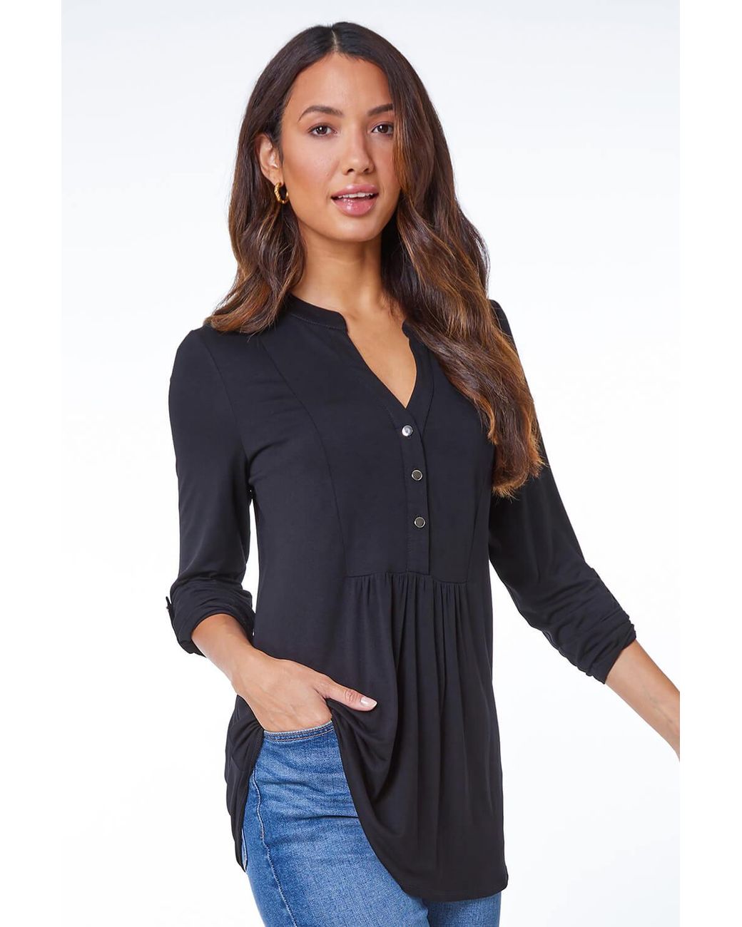 Roman Blue V-Neck Button Detail Tunic Top