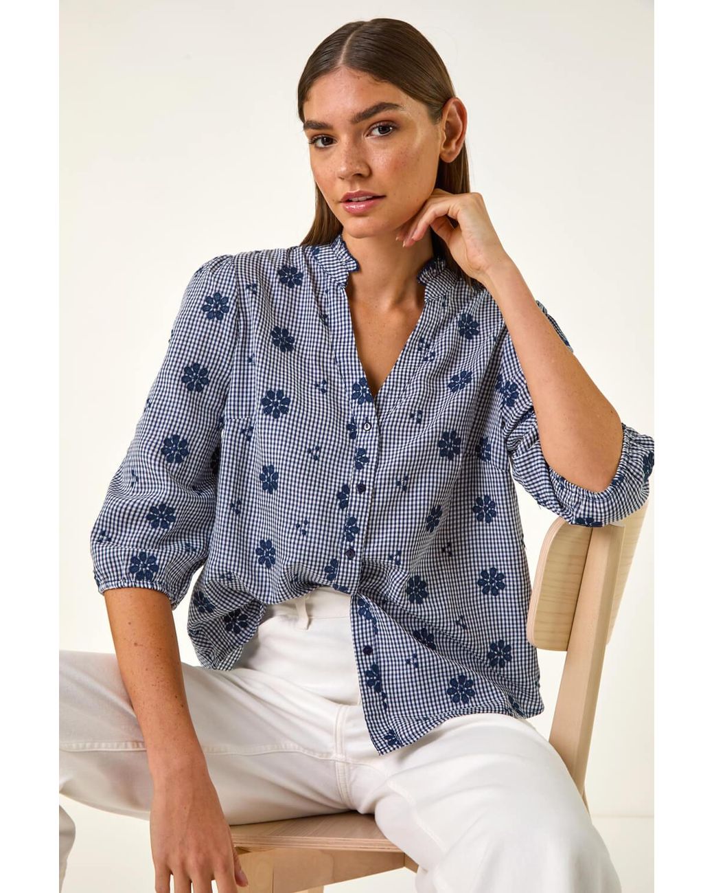 Roman Blue Floral Embroidered V-Neck Blouse