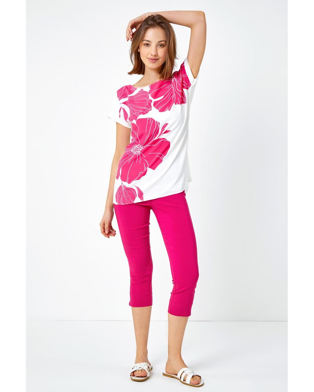 Roman Pink Floral Print Stretch T-Shirt