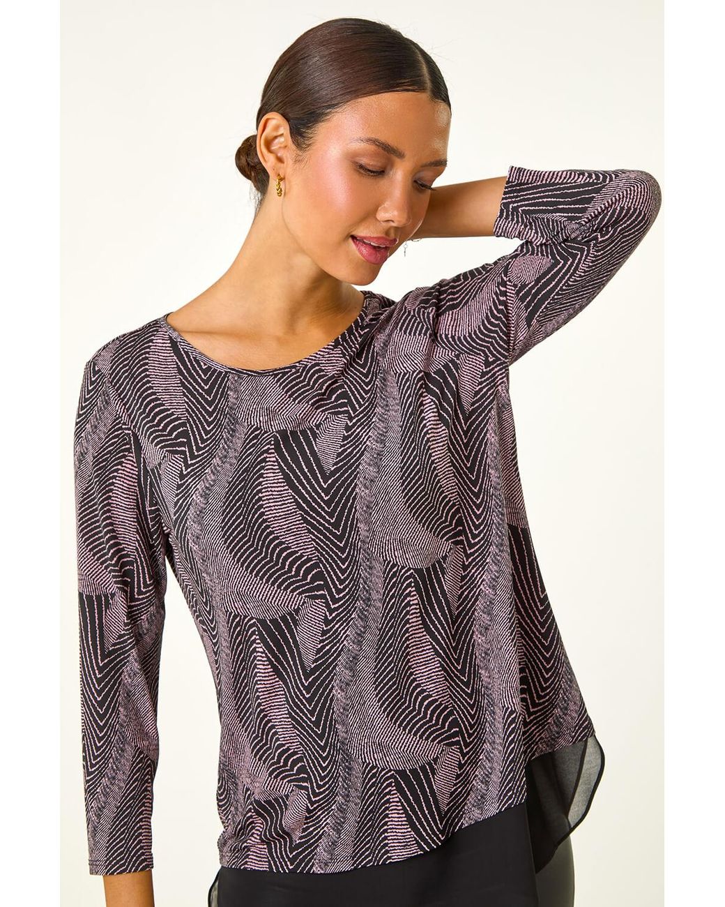 Roman Purple Printed Chiffon-Hem Blouse