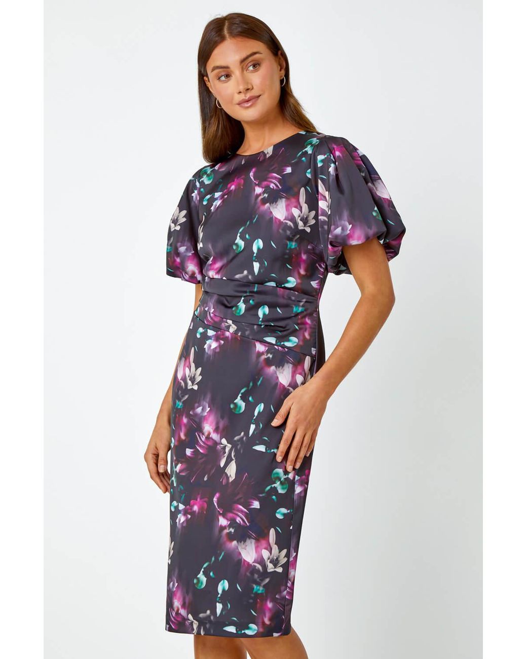 Roman Blue Floral Puff Sleeve Ruched Stretch Dress