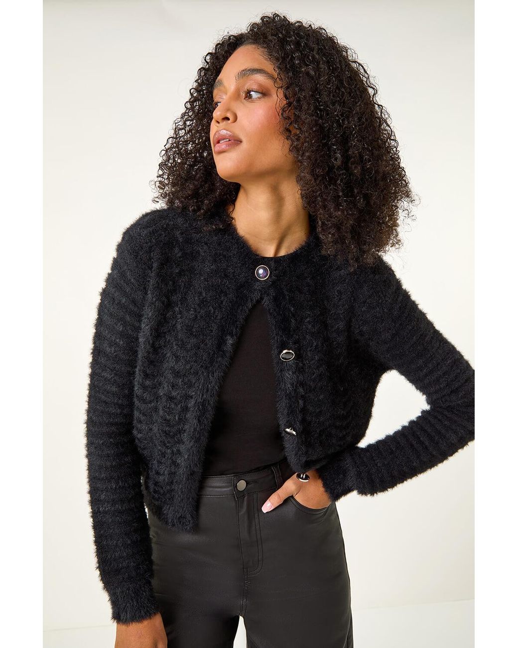 Roman Black Fluffy Knit Button Cardigan