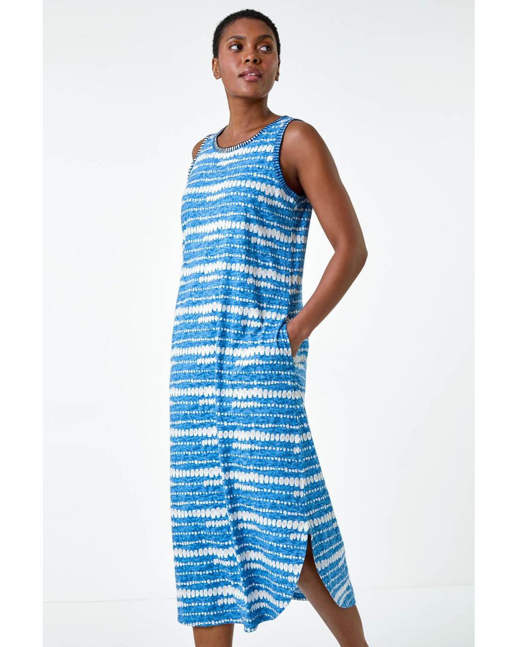 Roman Blue Tie Dye Contrast Stitch Stretch Midi Dress