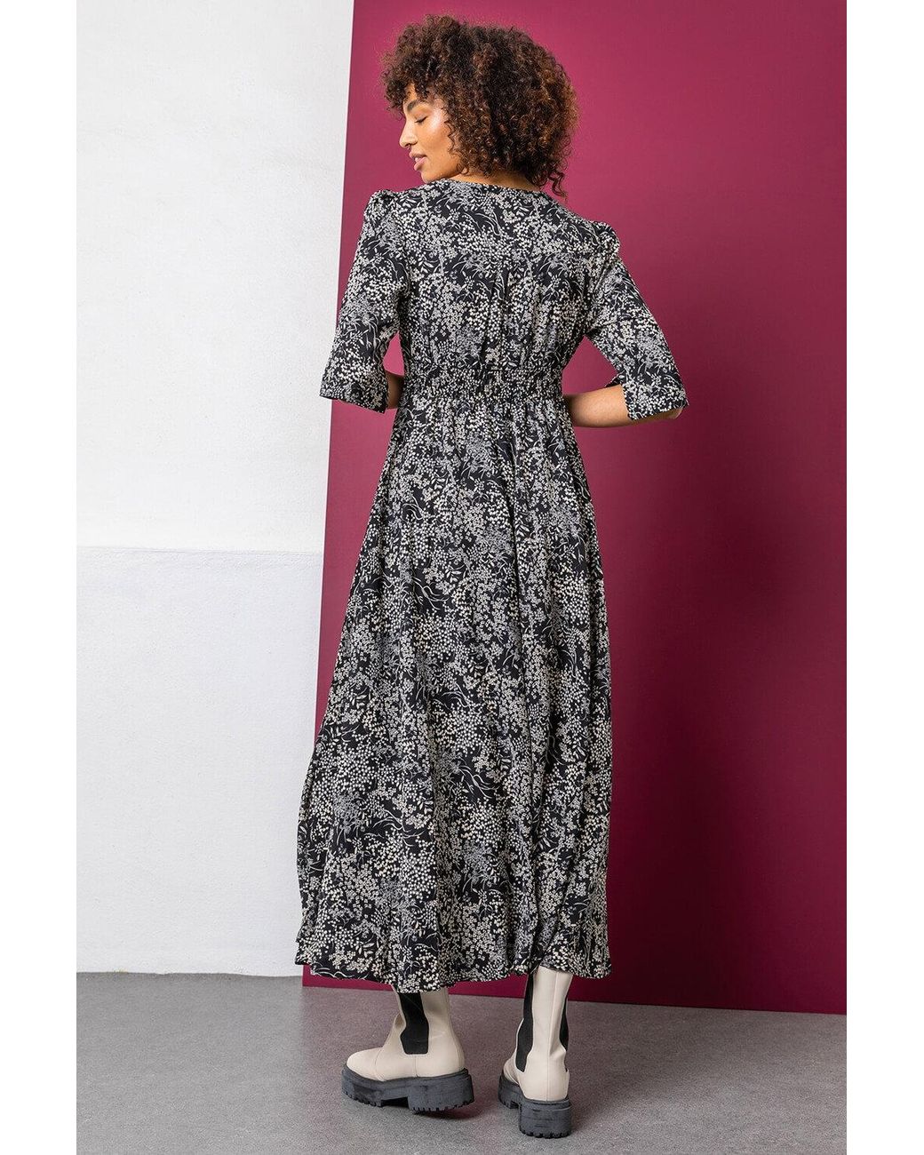 D.u.s.k Black Floral Print Shirred Waist Maxi Dress